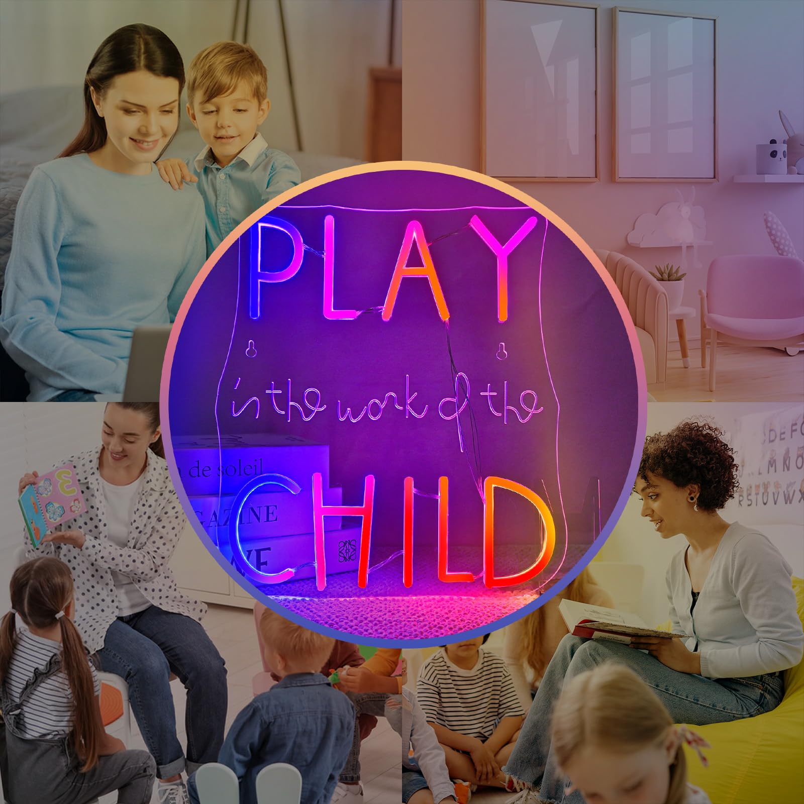 Jurong Led Rgb Dynamic Neon Sign For Wall Decor  Play Is The Work Of The Child  Usb Powered Dimmable  5V/2A  14.1In X12.6In For Home  Party  Gift  Office  Bedroom  Kids Room