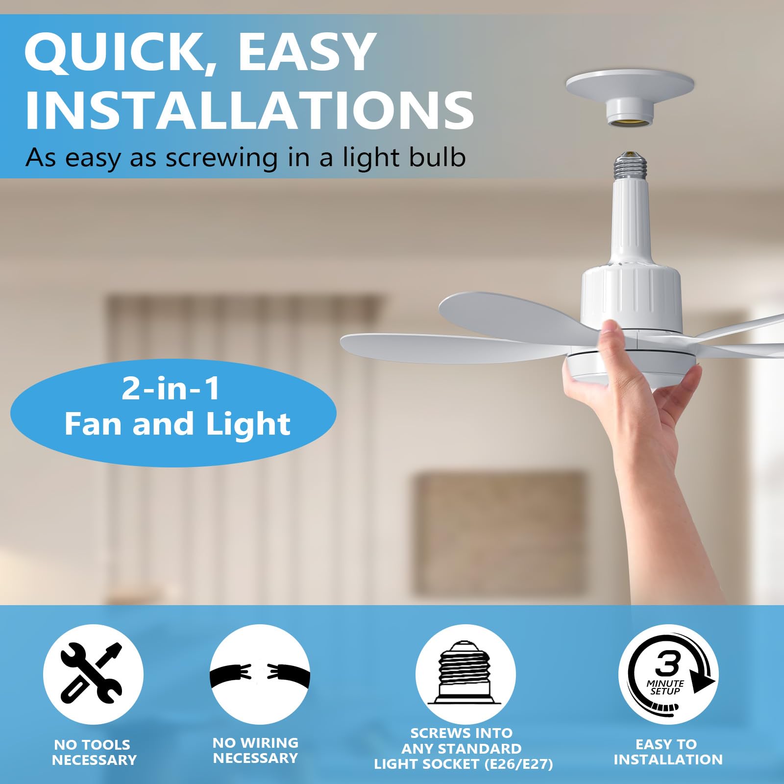 Socket Fan Light, 22&quot; Ceiling Fan With Led Lights And Remote, 3 Fan Speeds, Adjustable Cool & Warm Light, Wireless Screw In Socket Fan Light For Bedroom, Kitchen, Living Room, 1200 Lumen, E26/E27 Base