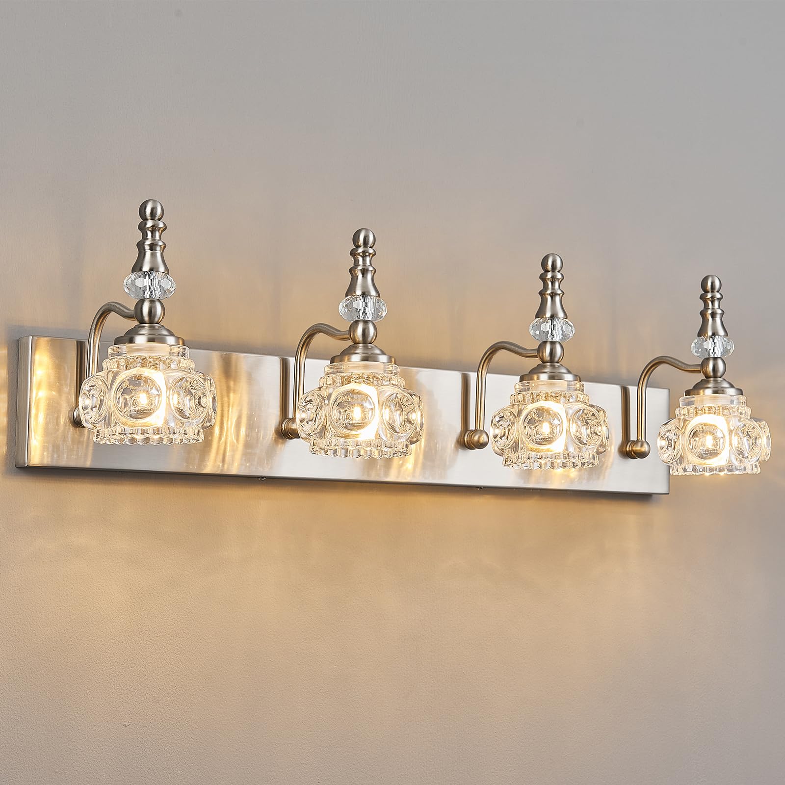 Lbsqj Modern Glass Crystal Vanity Light - Vintage Bathroom Lighting Fixtures Over Mirror  4 Light Vanity Lights G9 Bulb (27.55 Inch  Nickel)