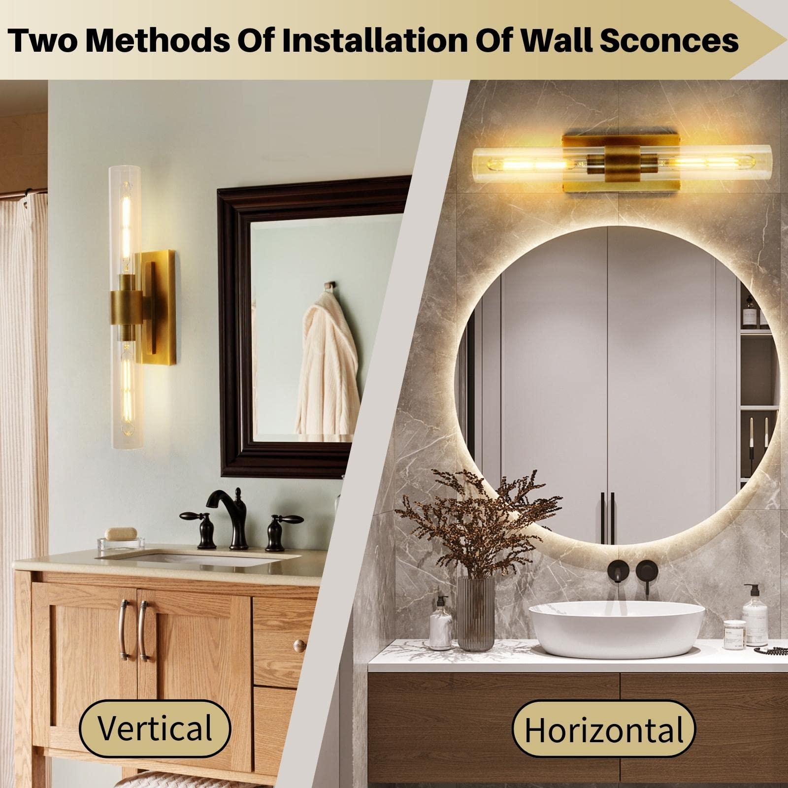 Brass Wall Sconces, 22.8" Bathroom Wall Sconce, Antique Brass Wall Sconces Set Of 2, 2-Light Dimmable Wall Sconce, Sconces Wall Lighting With Glass, Bathroom Vanity Light, Tube Sconce For Living Room