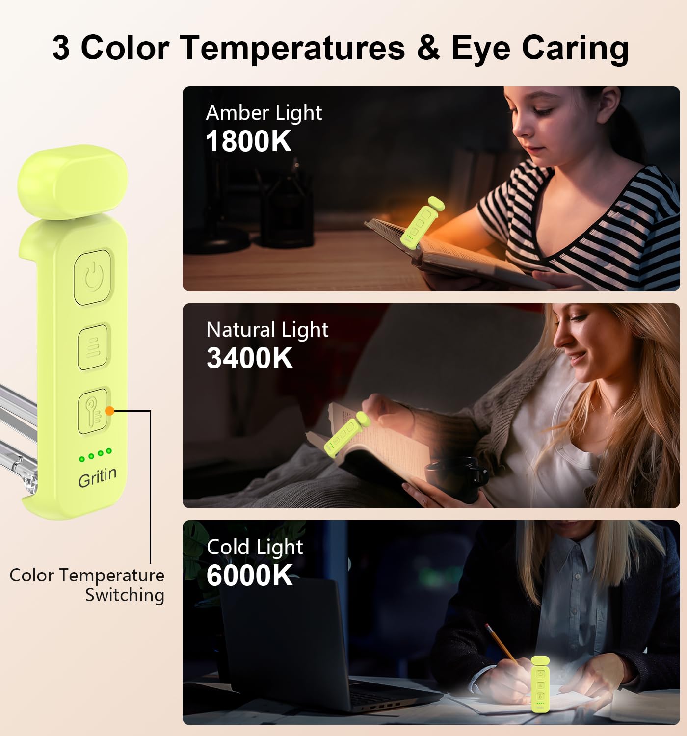 Gritin Rechargeable Book Light - Eye-Caring, 3 Color Temperatures, 5-Level Dimmable, Compact Clip-on, Emerald Green, Model G1313