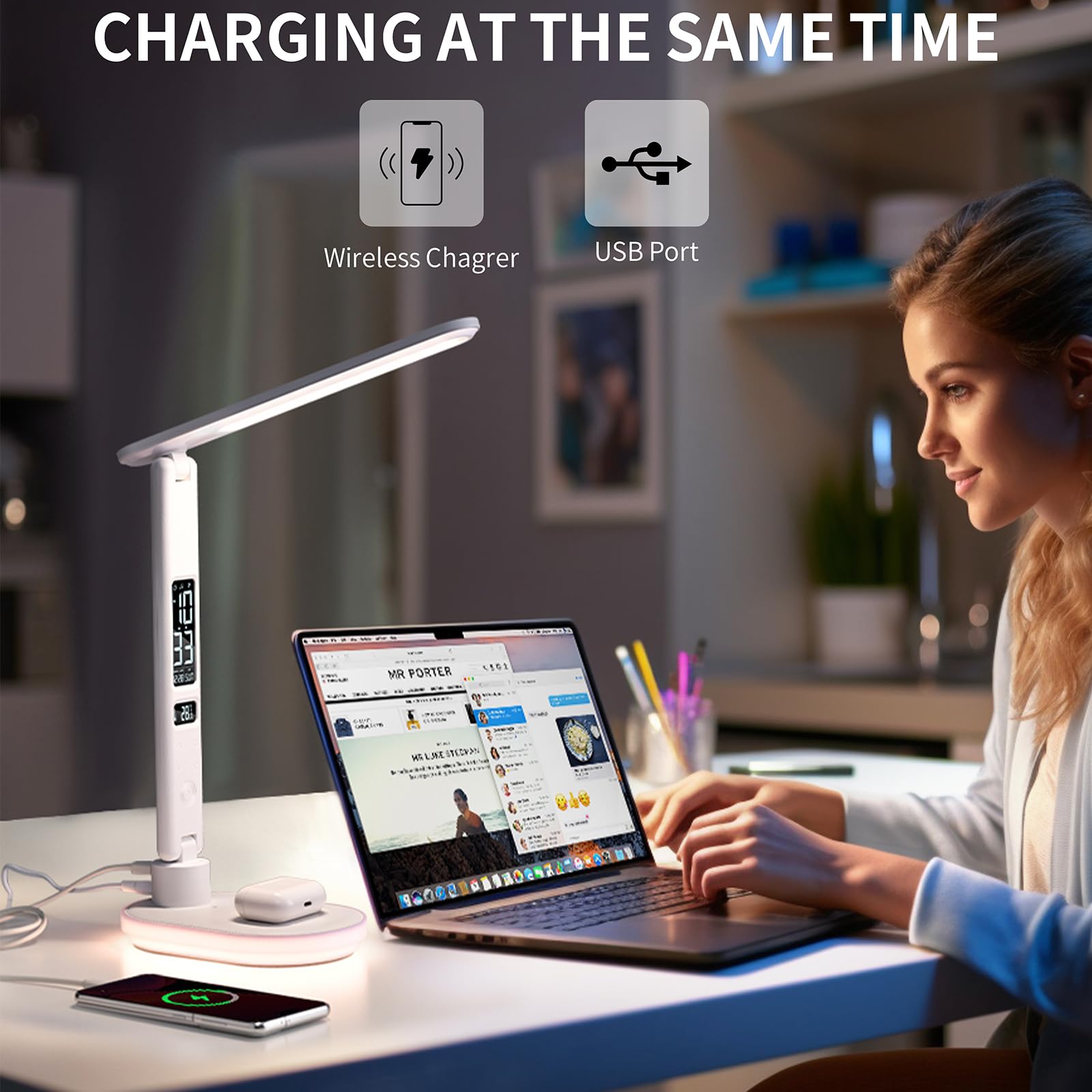 Morwealth LED Desk Lamp with 10W QI Wireless Charging, Flexo Table Lamp with 3 Colors and 5 Brightness Levels with Charging Func