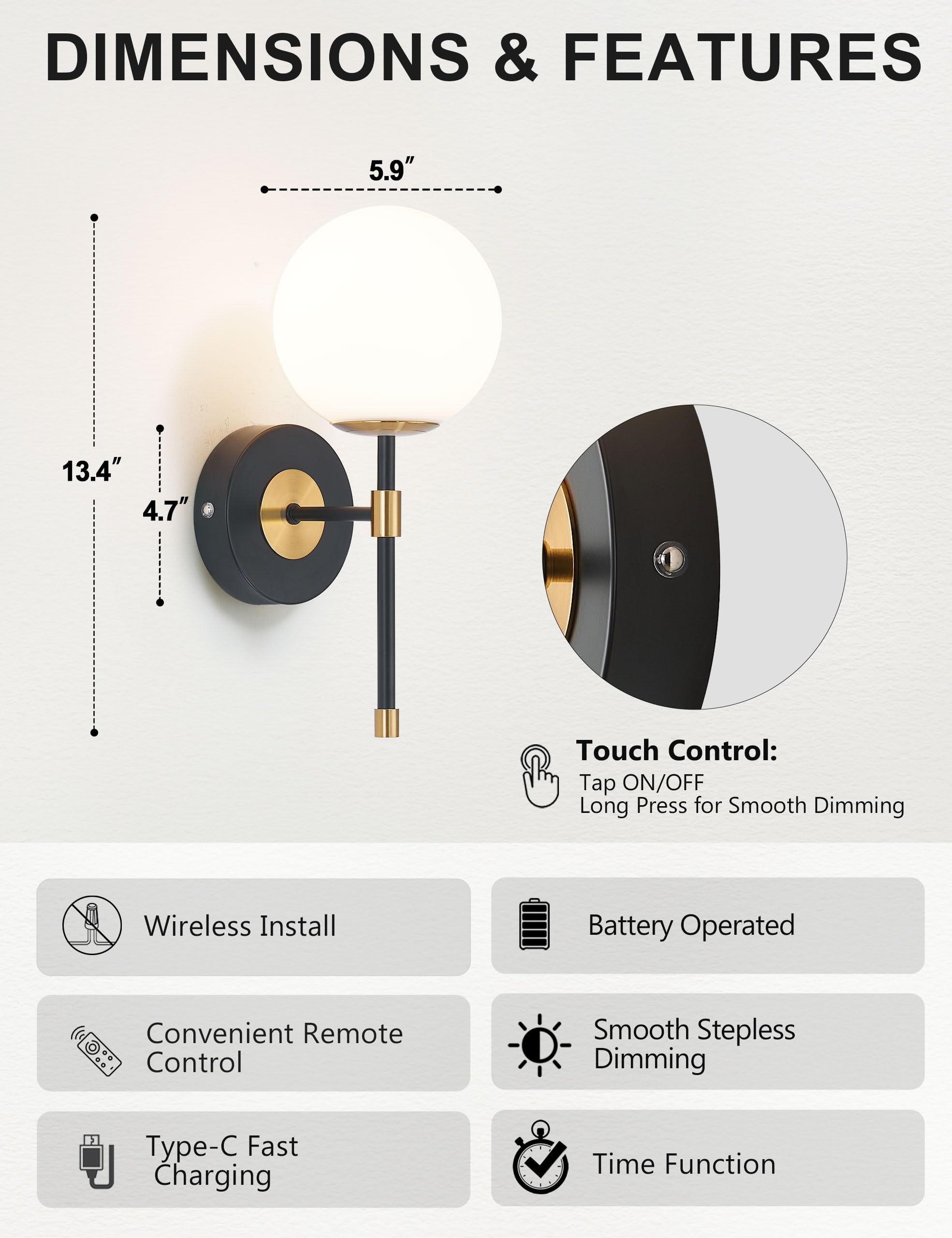MSTETO Wall Sconces Set of 2, Black & Gold, Battery Operated, Wireless with Remote, Rechargeable, Modern Design, Model MTIW-108BG