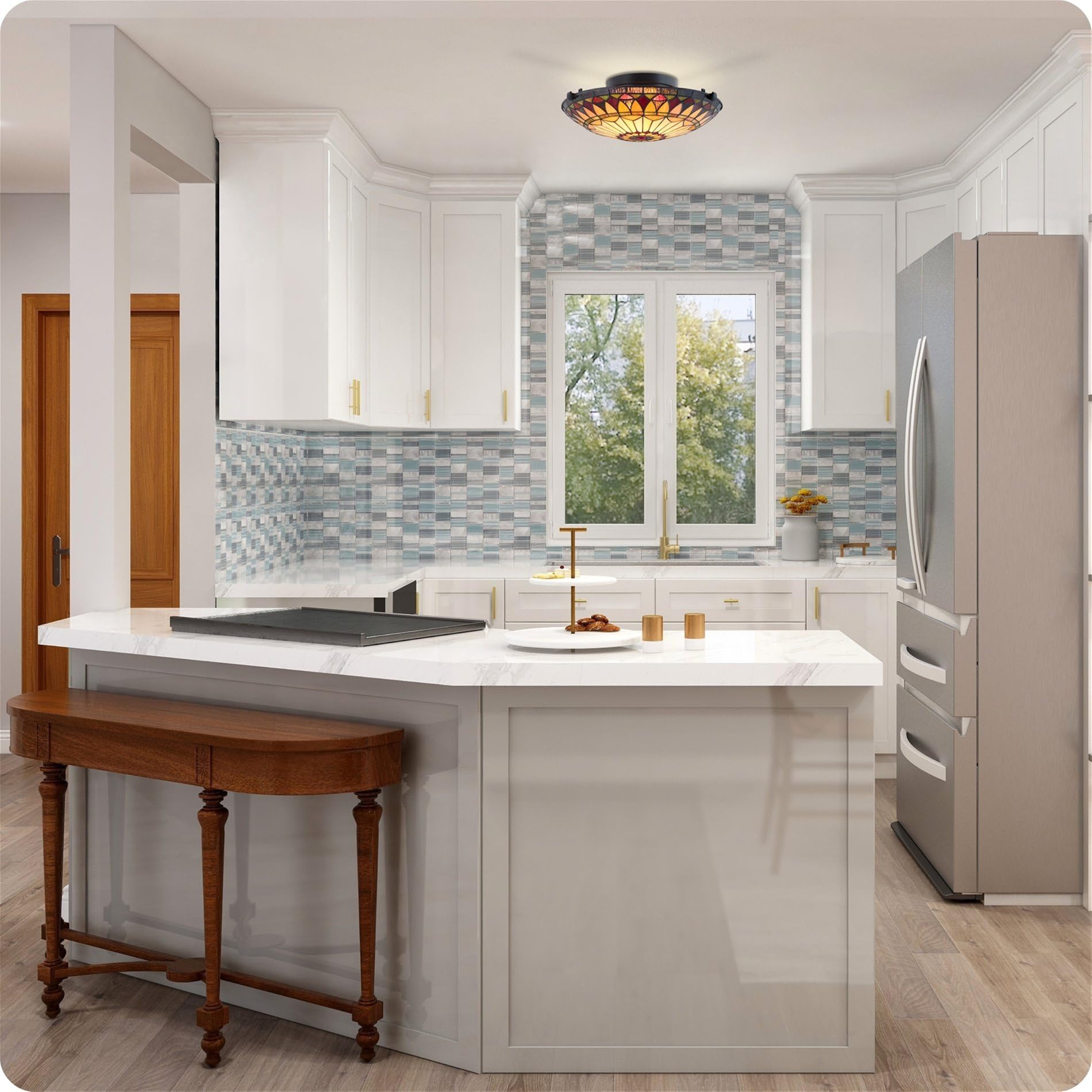 Kira Home 16in 2-Light Tiffany Glass Flush Mount Ceiling Light, Black Finish, Metal, Classic Design, Pack of 2