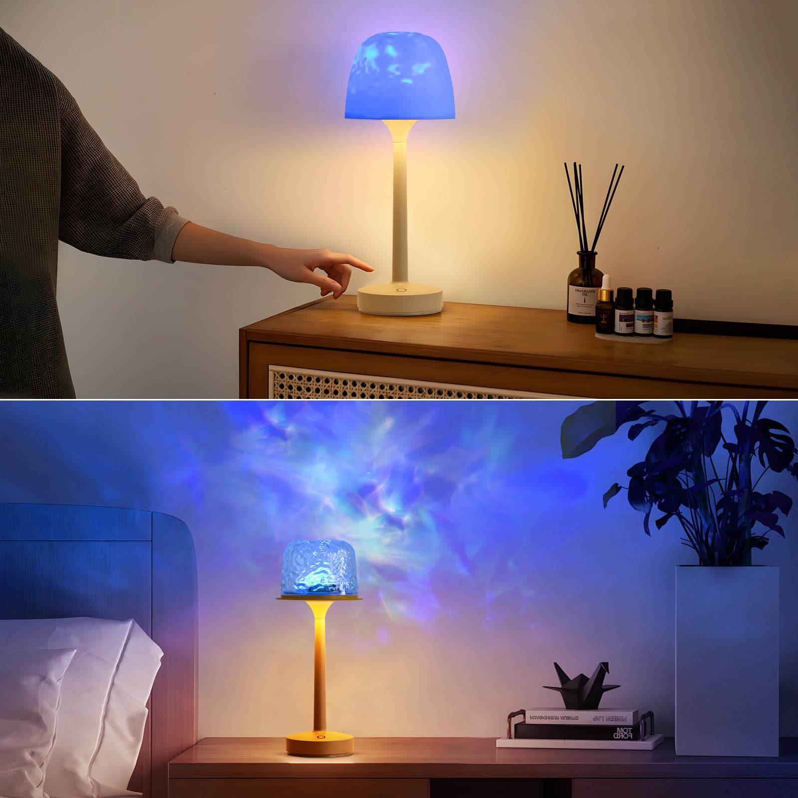 RGB Ocean Wave Projector Table Lamp, USB Rechargeable Cordless Night Light with Remote Control, Dimmable Touch Desk Lamp for Bed