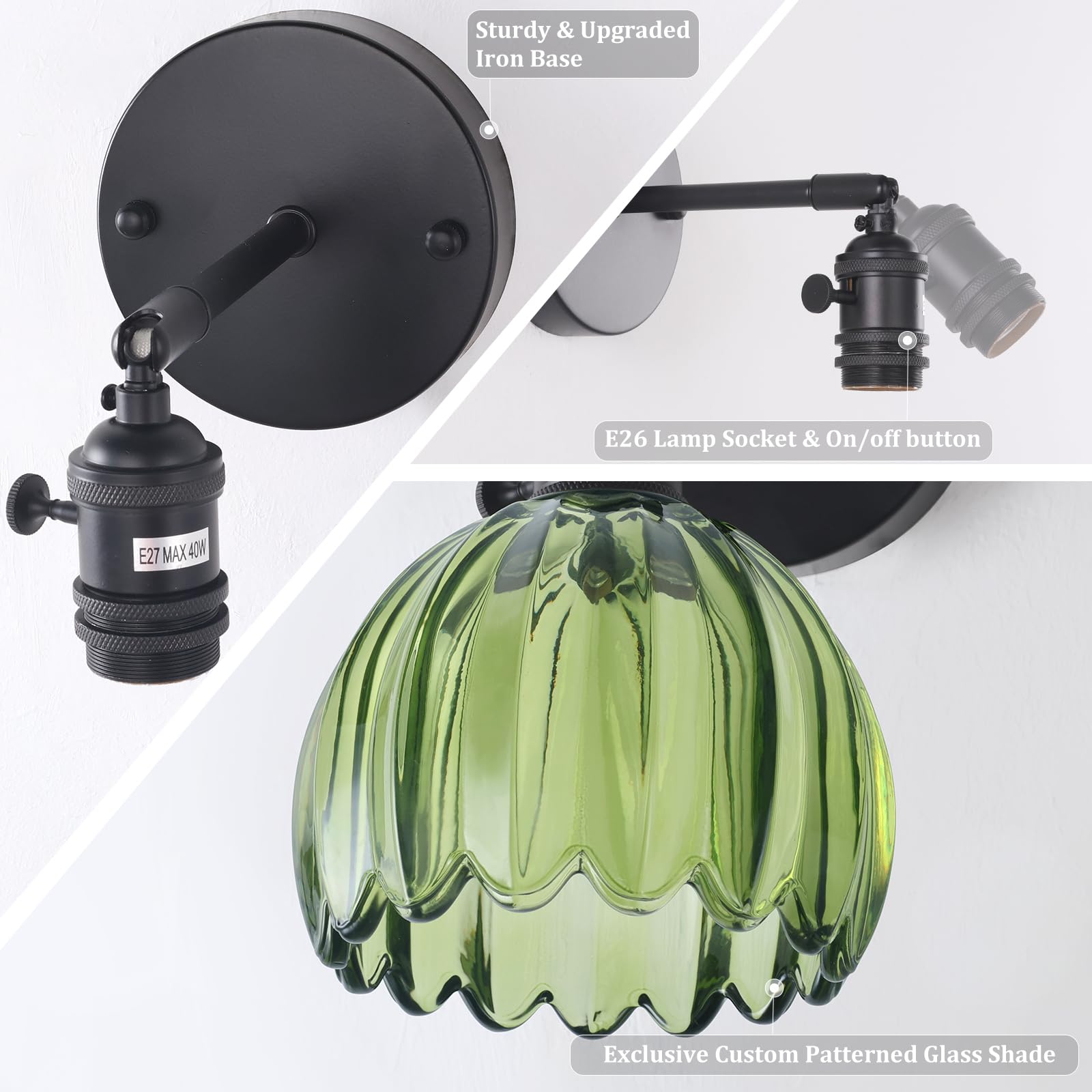 Shenmoyl Vintage Wall Sconce - Green Tulip Glass, Adjustable, Hardwired, 1 Light, Black Base, Model 1-9412