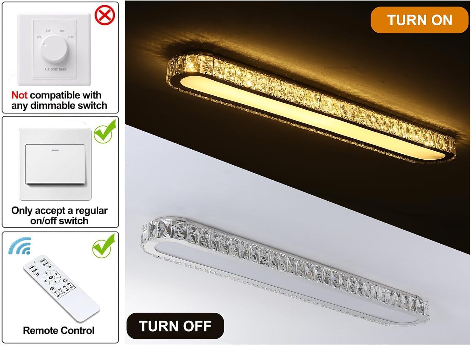 Qcyuui Dimmable Led Ceiling Light 39.4 Kitchen Lighting Fixtures Ceiling Modern stylish Crystal Ceiling Light With Remote Chrome Long Ceiling Light Fixture For Kitchen Dining Room Hallway 48W