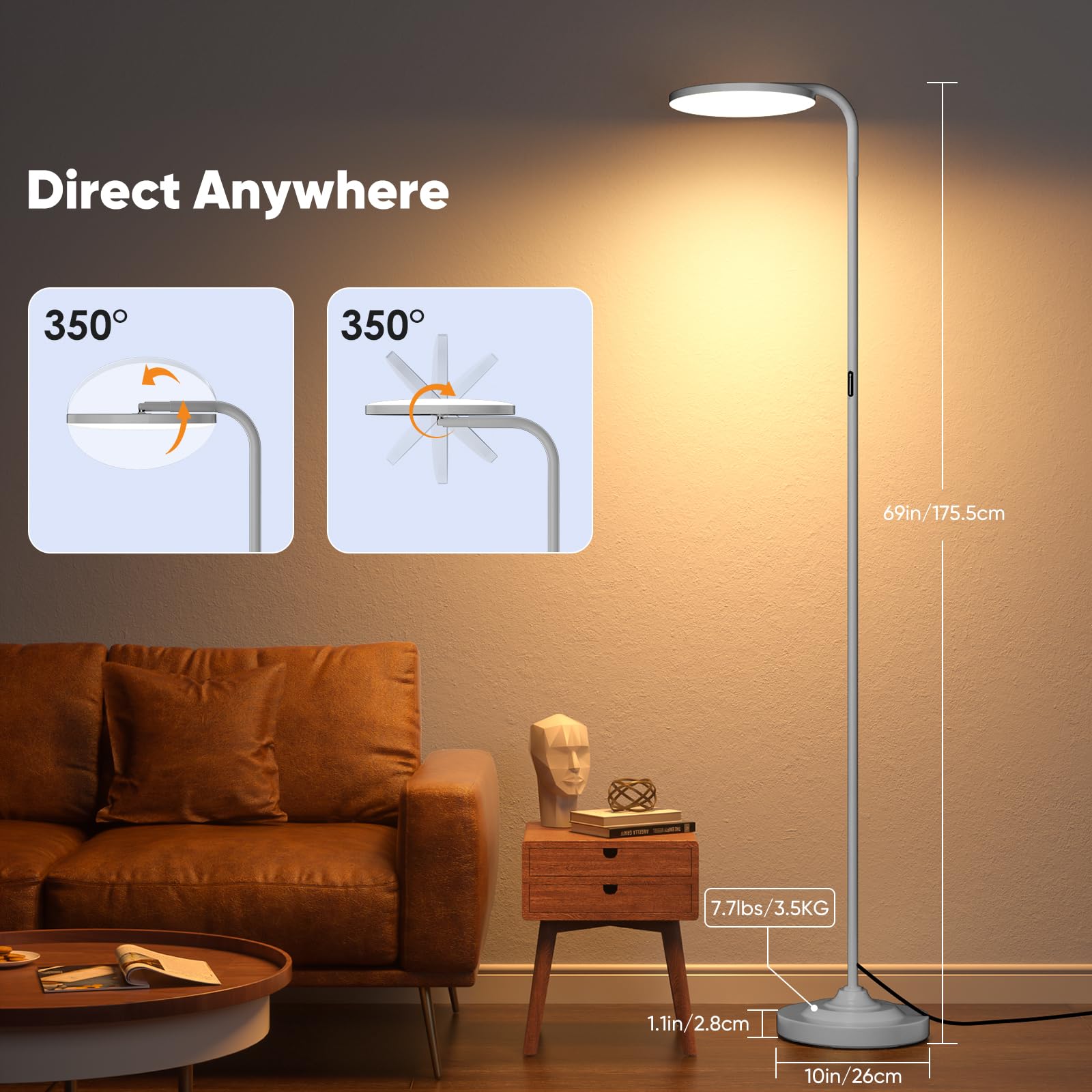 Sibrille 36W Led Floor Lamp, Super Bright Standing Lamp, Modern Stepless Dimmable Torchiere Tall Lamp With Remote Control, 350?R