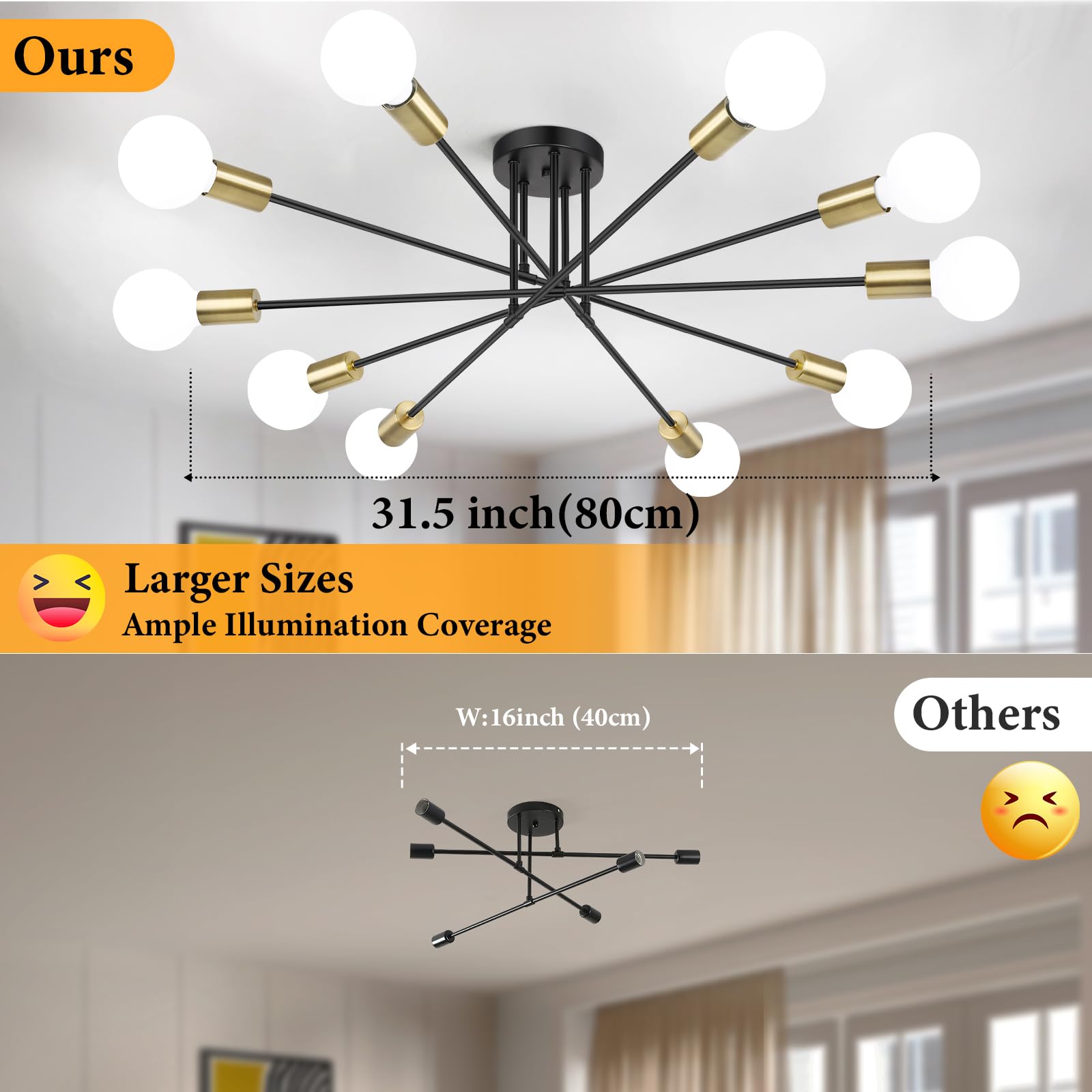 Semi Flush Mount Ceiling Light Fixture, 10-Light Modern Black And Gold Sputnik Chandelier Industrial Ceiling Lamp For Kitchen Di