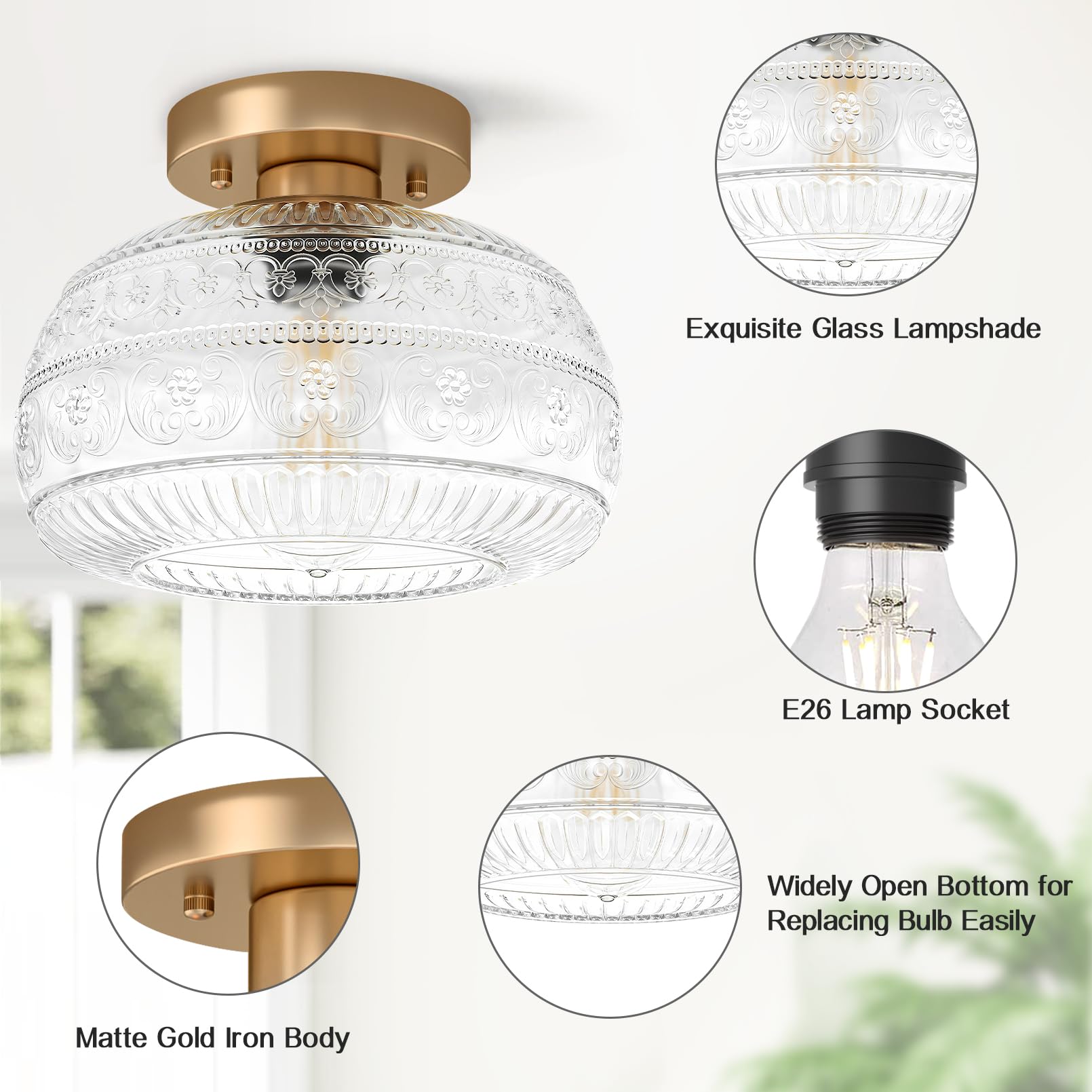 Oykyohei Modern Semi Flush Mount Ceiling Light, Clear Glass, Gold Fixture For Kitchen & Hallway