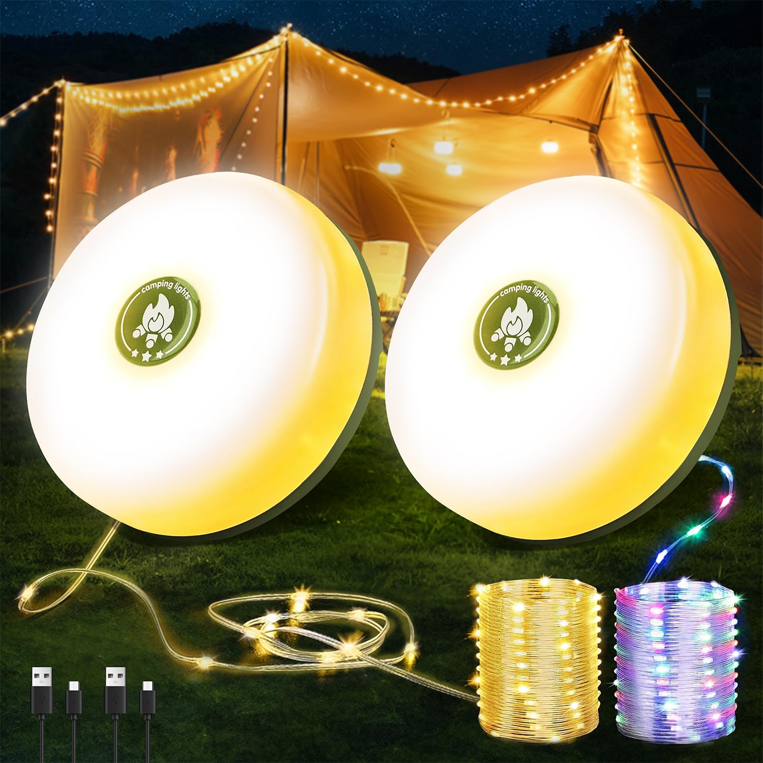 2-Pack Camping String Lights | Rechargeable 4 in 1 Quick Storage 32.8FT Tent Lights with 8 Modes | Hanging Waterproof LED Lamp f