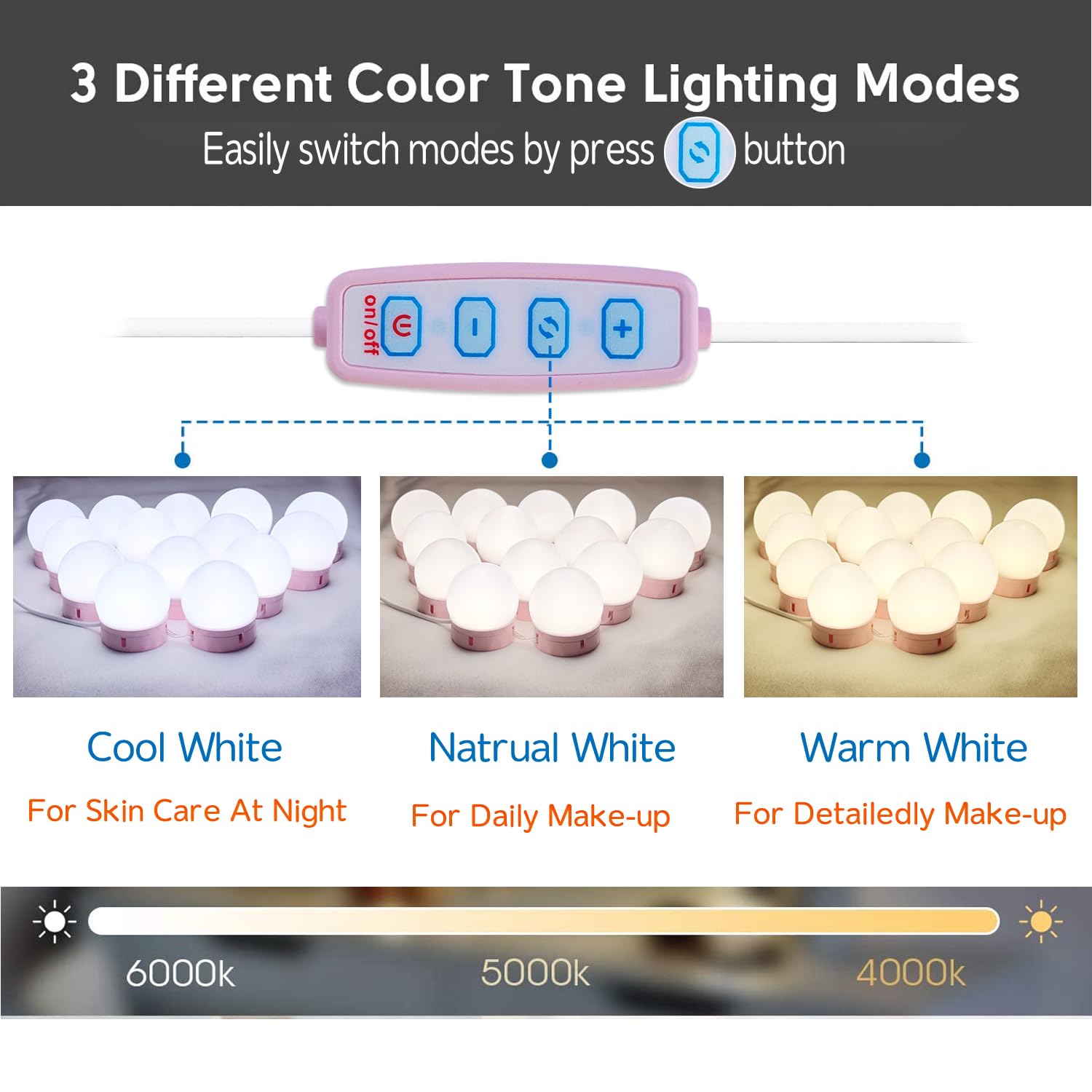 HELOIE 22.6ft LED Vanity Mirror Lights, 14 Dimmable Bulbs, Pink, Model vl-14p