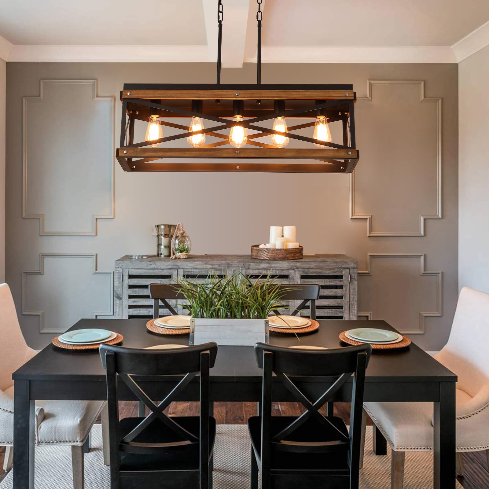 RKUCSR Rustic Farmhouse 5-Light Pendant Chandelier, Adjustable Chain, Black Oak Wood, Large, Model 6713-5 for Kitchen Island or Dining Room