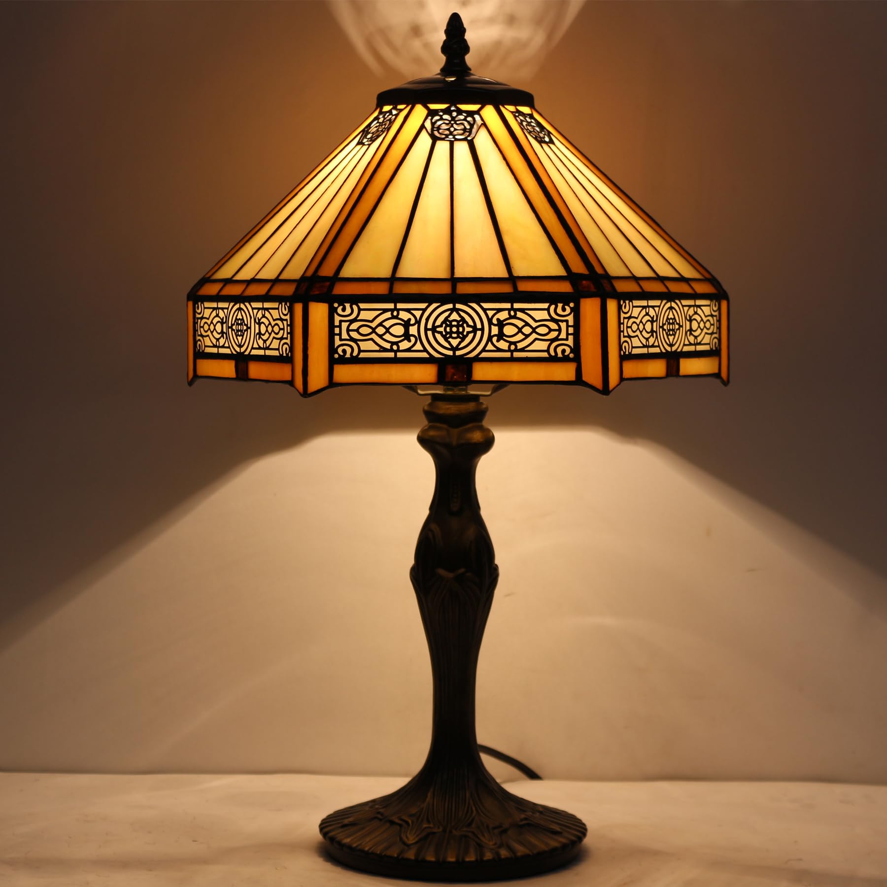 WERFACTORY Tiffany Table Lamp, Yellow Hexagon Stained Glass, 12X10X18 Inches, Mission Style, Ideal for Bedroom & Living Room Decor
