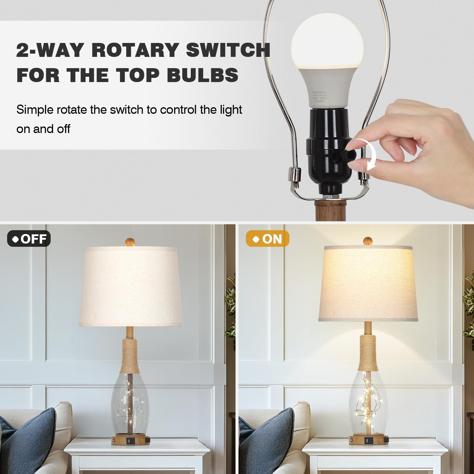 Cinyirong 28  Boho Glass Table Lamps Set of 2, Touch Control Bedside Lamps with 2 USB Ports and Outlet, Rattan Lamp with Night L