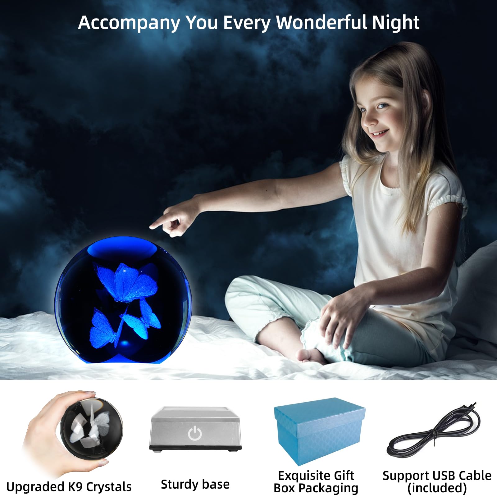 Oriamde 3D Butterfly Crystal Ball Night Light 3.15 Inch Butterfly Figurines Glass Ball Table Lamp With Color Changing Touch Base