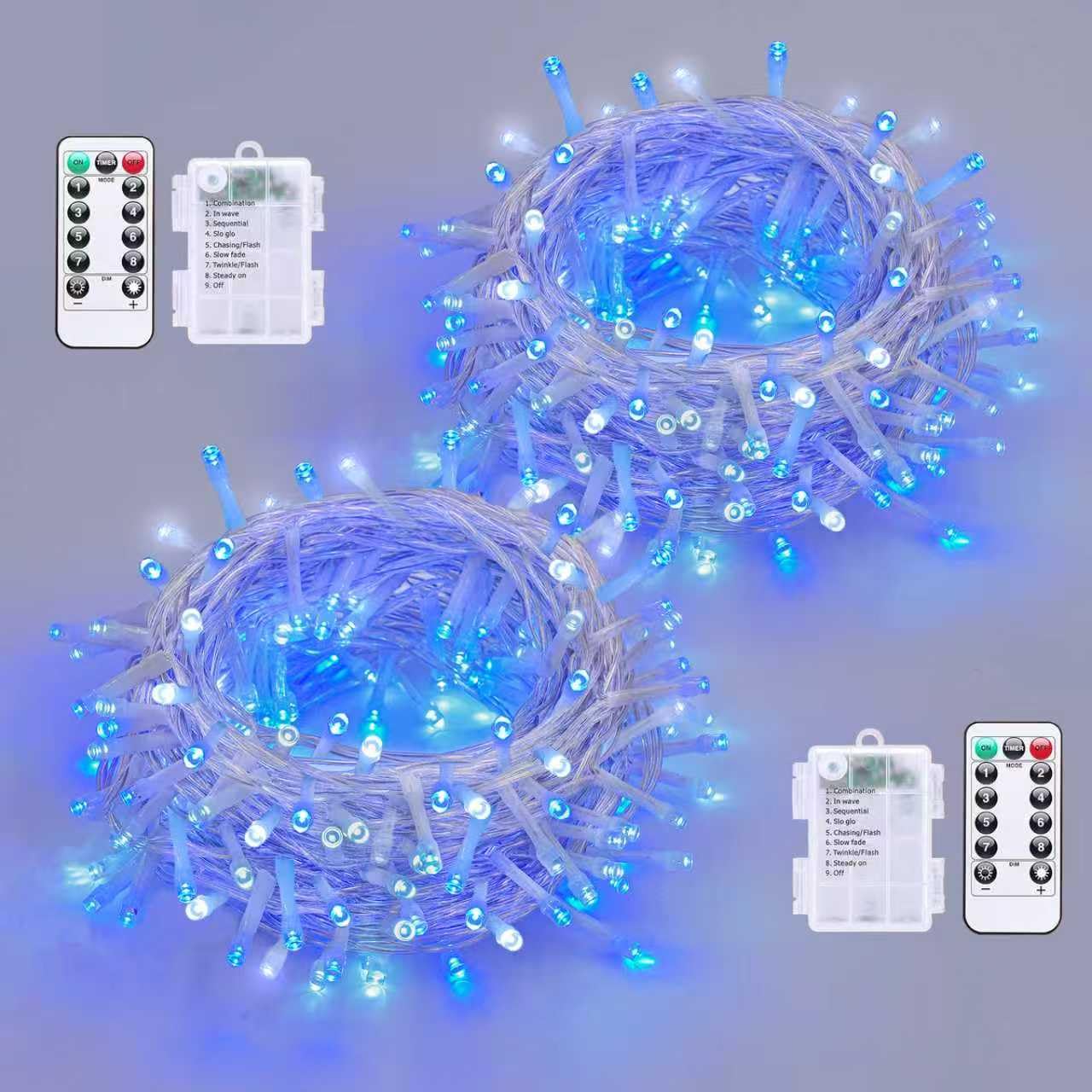 QITONG 2 Pack Battery Operated String Lights, Each 33ft 100 LED Blue and White Christmas Lights Outdoor Waterproof, 8 Modes Clea