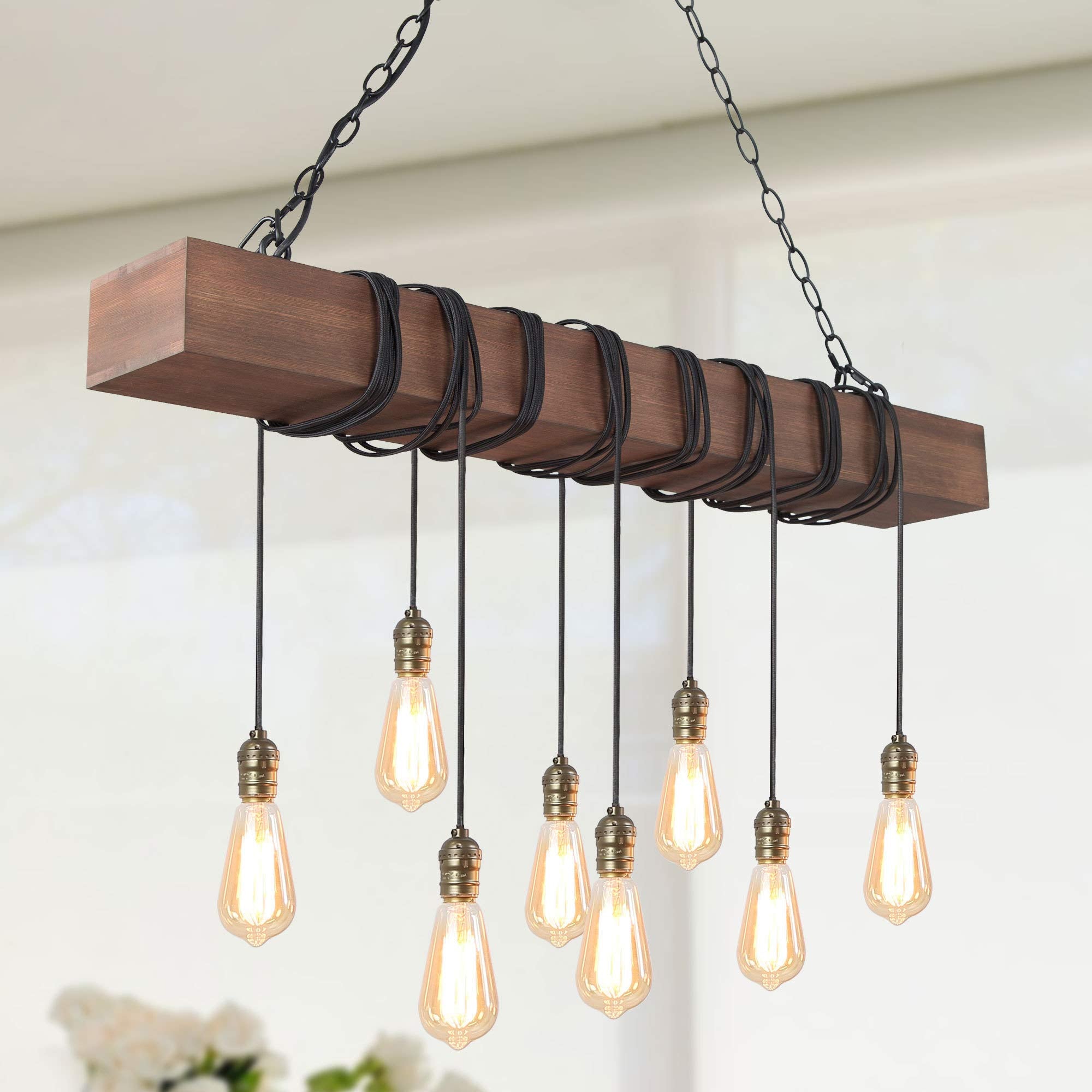 LOG BARN Wood Chandelier for Dining Room, 8-Light Linear Rustic Farmhouse Chandelier, Island Lights Fixture for Kitchen, with Ad
