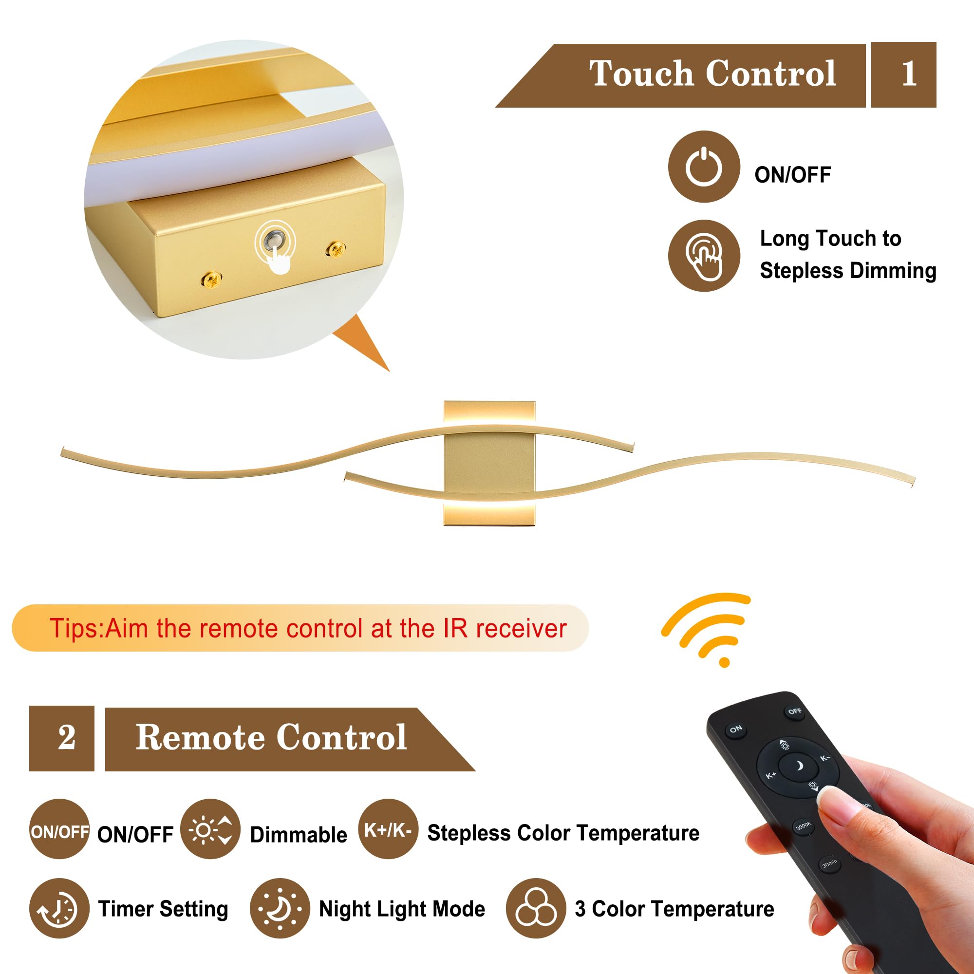 KARTOOSH Battery Operated Wall Sconces, Dimmable LED, 39.3" Gold, Remote Control, 2 Pack