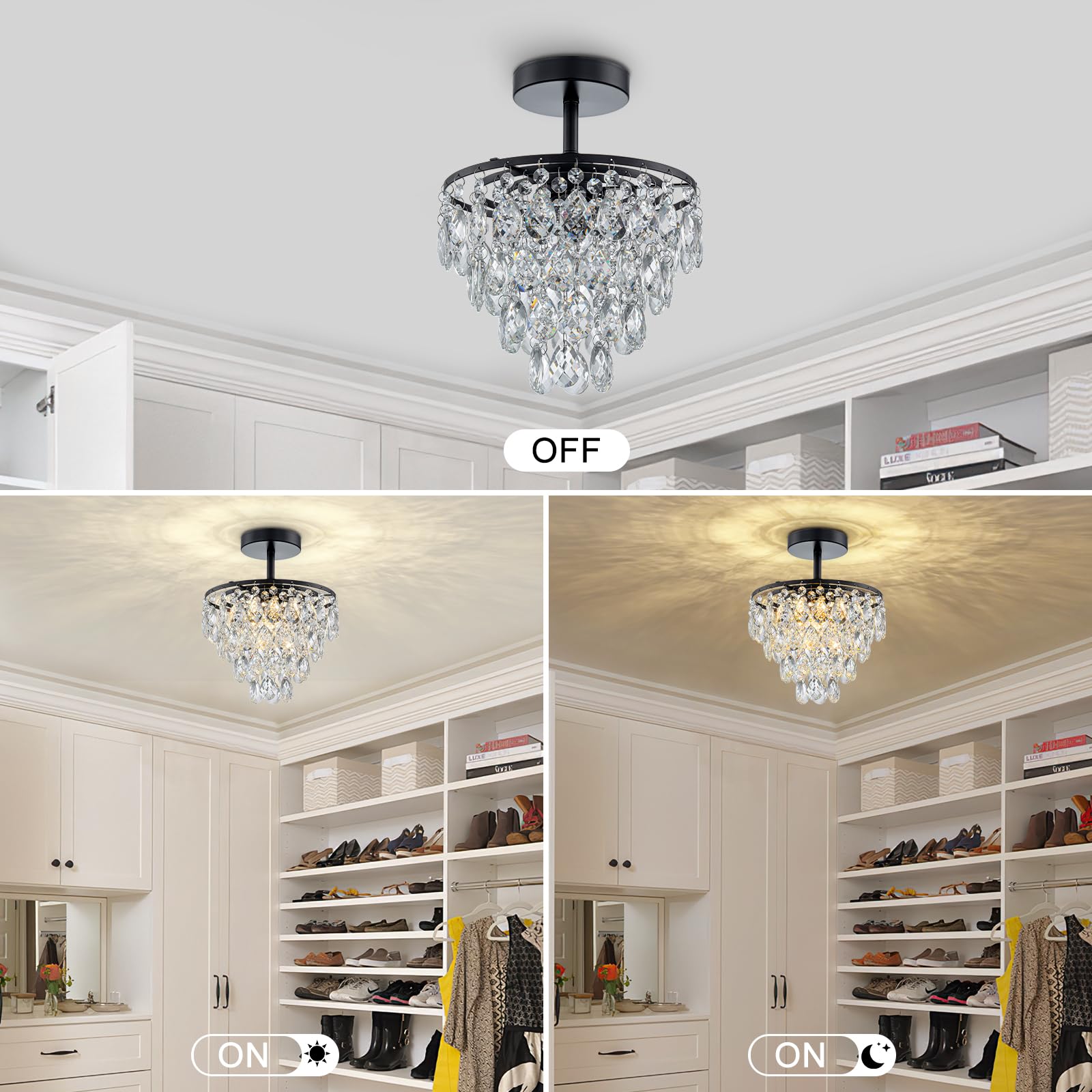 Cxgleaming Black Chandelier Flush Mount Light Fixture Modern Crystal Chandelier Bathroom Ceiling Lights For Bedroom Kitchen Laun