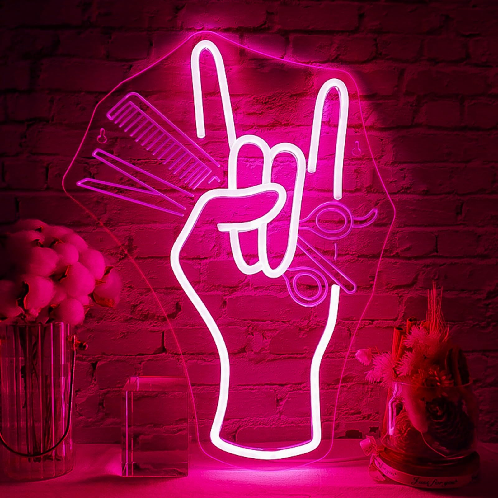 WLHOPE Salon Hand Neon Sign LED Wall Decor for Haircut Barber Shop 16.54 x 12.6 inches
