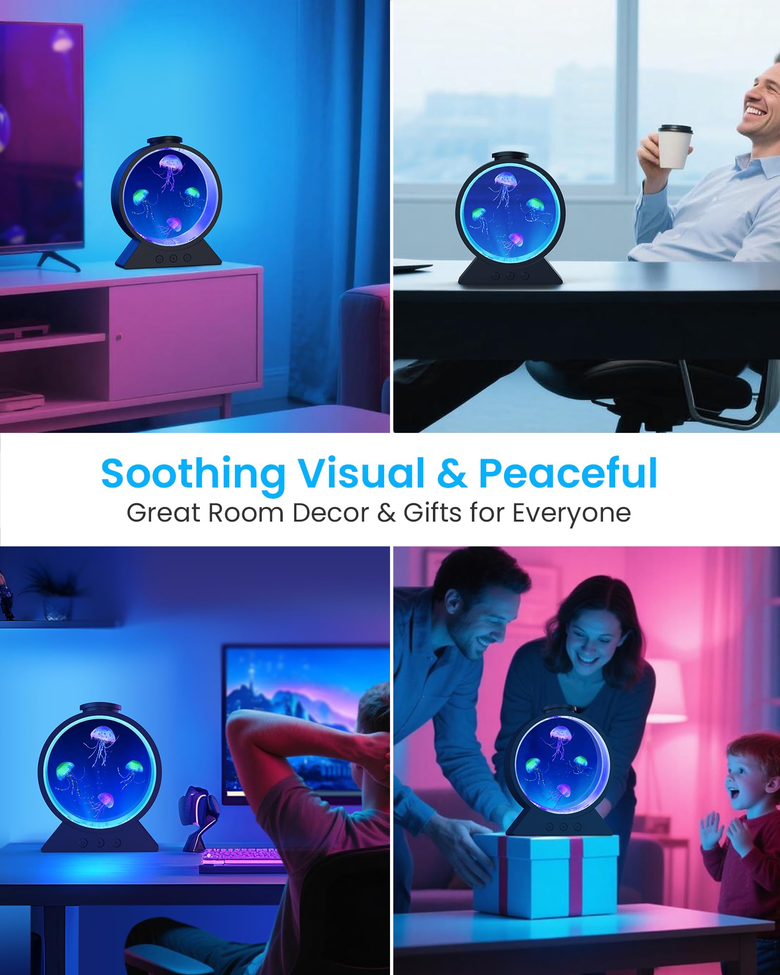 Eyesound Jellyfish Lamp - 7-Color Changing Mood Light, Acrylic, 2.6x6.3x8.1in, Black, Model B4 - Perfect for Home, Office