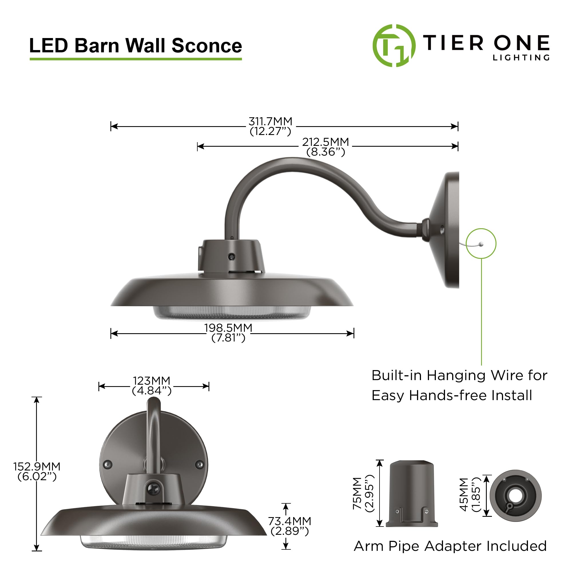 35W Led Gooseneck Barn Light 8 Inch Outdoor Farmhouse Wall Light With Dusk To Dawn Photocell Pole/Wall Mounted Area Light For Ba