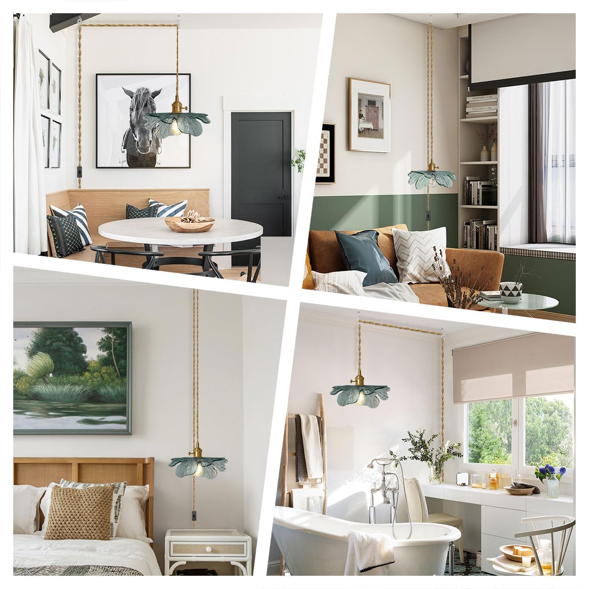 Auwieou Modern Brass Pendant Light with Dark Green Glass Shade, 14.75ft Plug-in Cord, Ideal for Kitchen and Dining Room