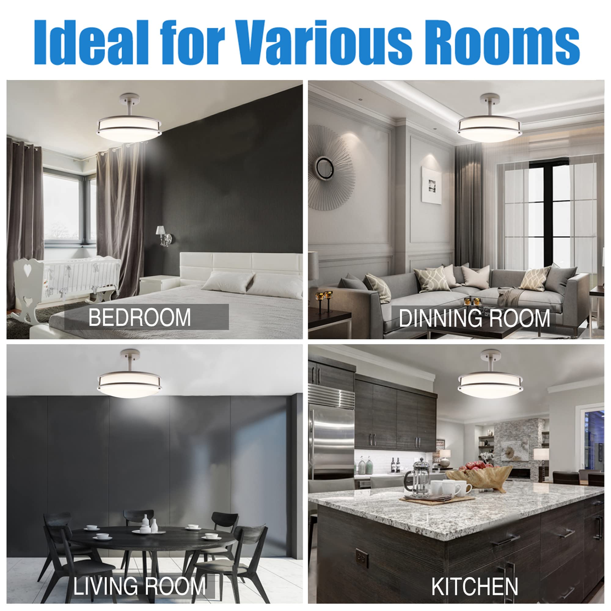 Mingbright 16Inch Dimmable Led Semi Flush Mount Ceiling Light, Brushed Nickel Finish, 4000K Natural White, For Kitchen, Living R