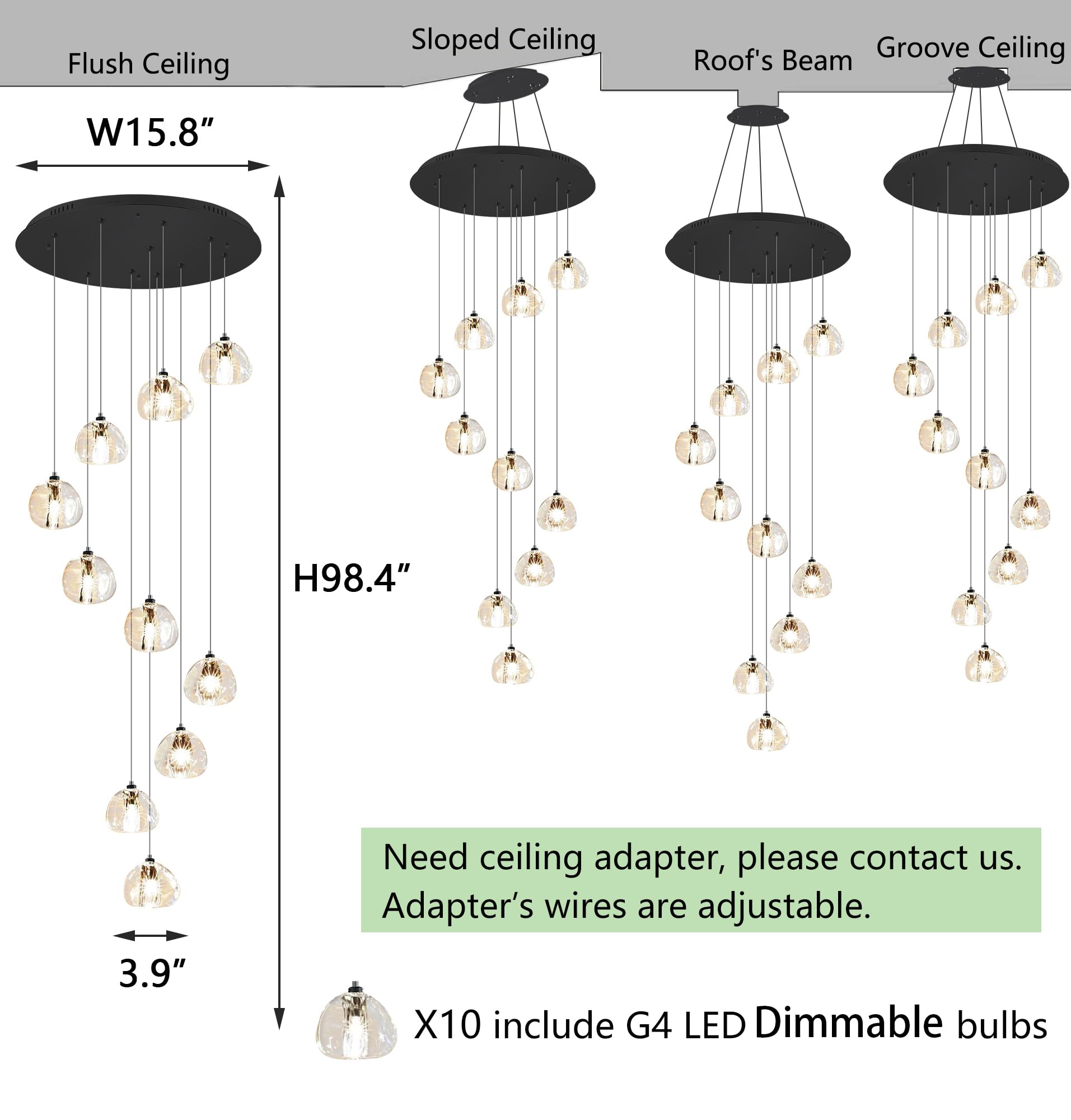 HAIXIANG LED Chandelier for Dining Room, 10 Lights, Dimmable, Black, Model MMQ9025, Adjustable for High Ceilings, Remote Control