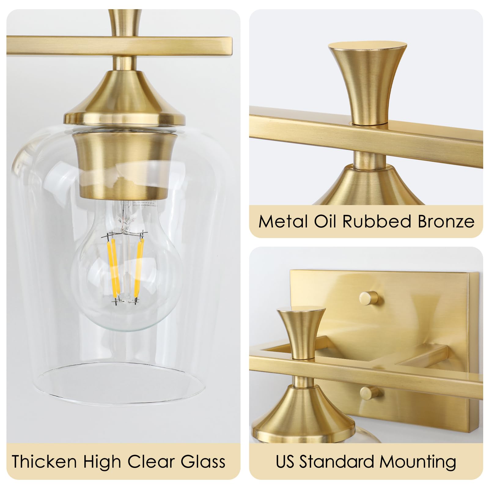 3 Light Bathroom Vanity Light Fixtures,Modern Brushed Gold Vanity Lights With High Clear Wine Glass Bathroom Lighting Over Mirro