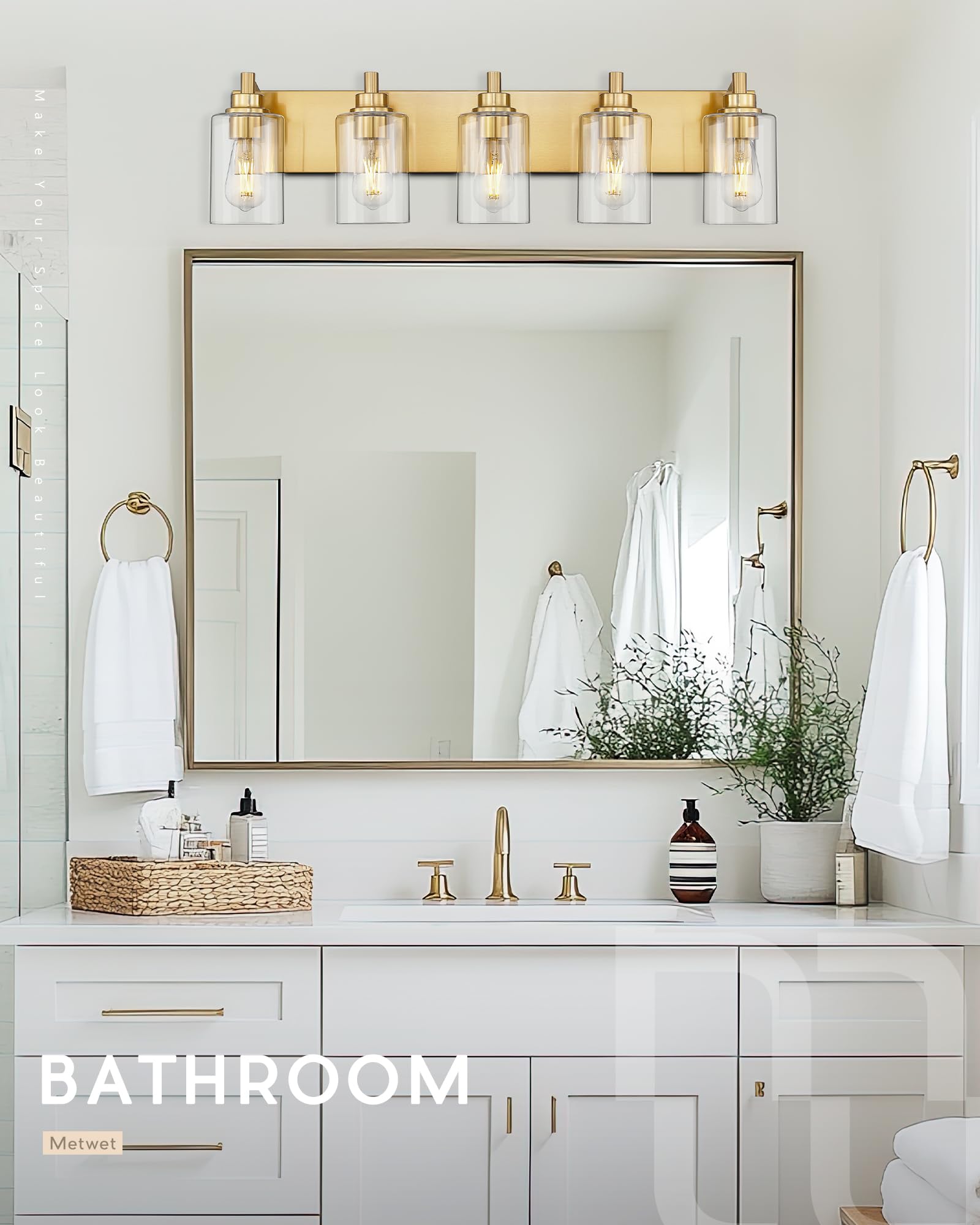 Metwet 5-Light Bathroom Light Fixtures  30 Inch Brushed Gold Vanity Light With Cylinder Clear Glass Shade  Modern Vanity Lighting Fixtures Over Mirror  Vl143-Bg-5