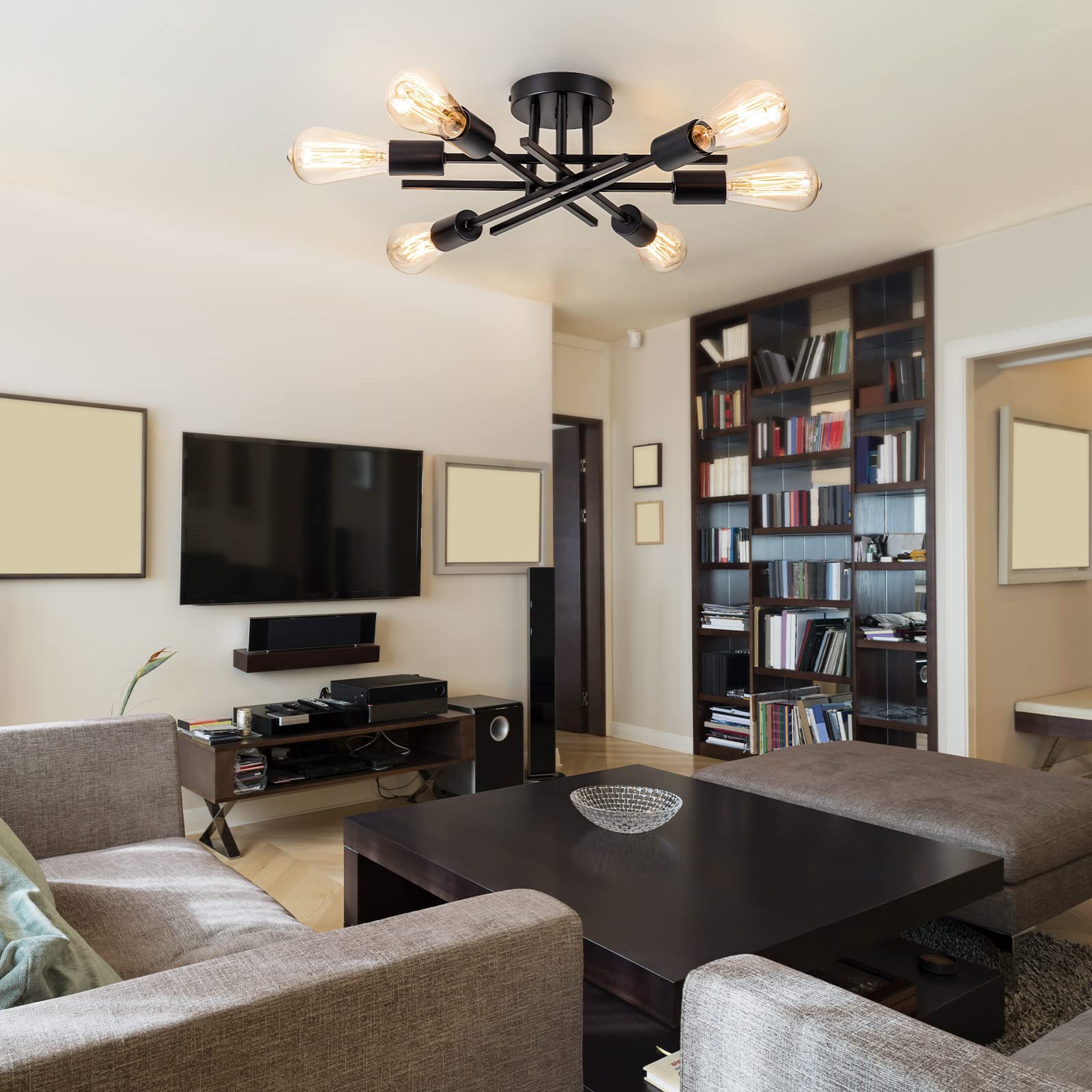 Brknit 6-Light Sputnik Chandelier - Modern Semi Flush Mount Ceiling Light For Kitchen & Living Room