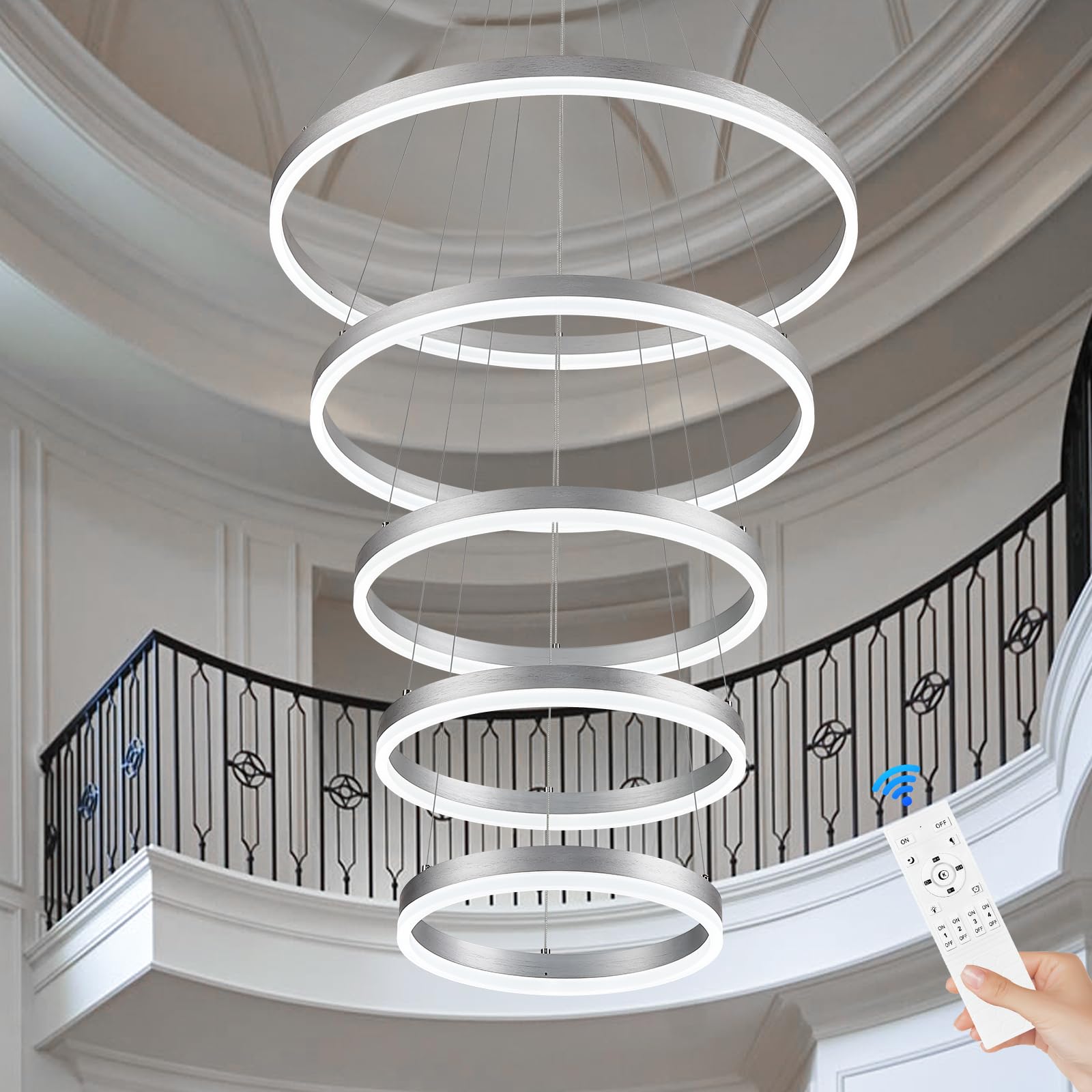 Sparklelf LED Chandelier, Dimmable Silver, 5 Rings 23.6in, Remote Control, Modern Design for Foyer, Dining Room, Living Room, Model SE-P60S