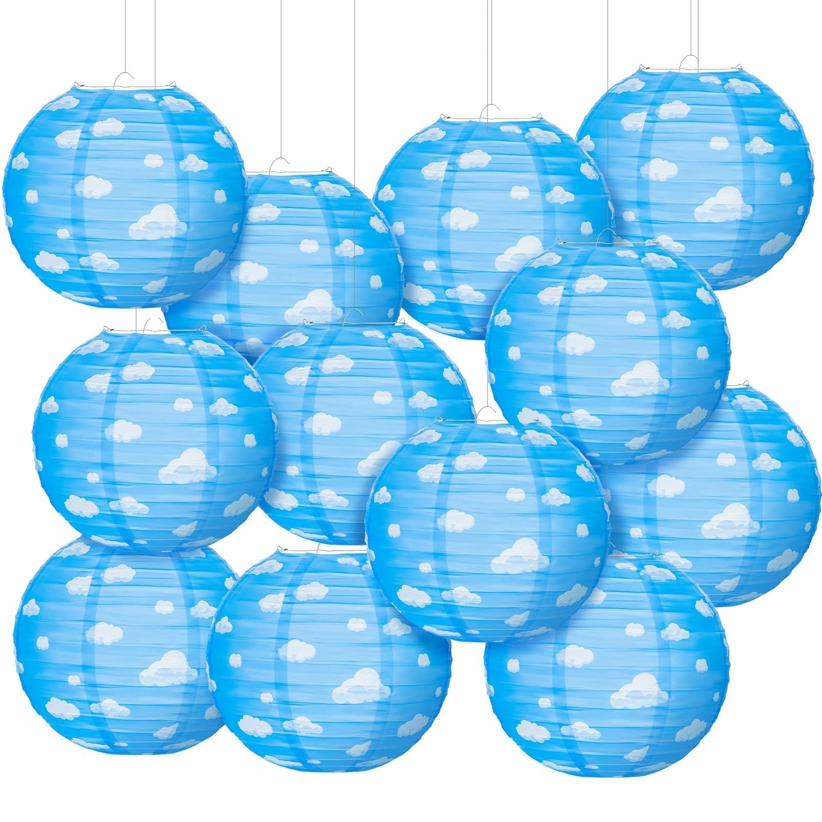 12Pcs Blue Sky White Clouds Paper Lanterns, 10 Inch Blue Party Decorations Hanging Round Paper Lanterns Clouds Theme Party Decor