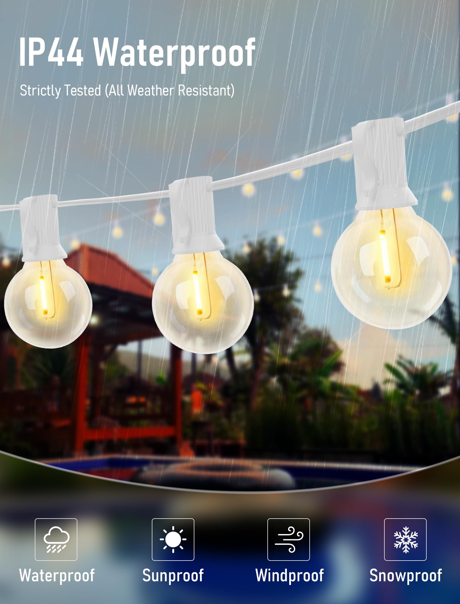 GOOTHY Outdoor LED String Lights, 50Ft, 52 Clear Globe Bulbs, Shatterproof, E12 Base, Vintage Style, White, Model ULP(7)-LR(50