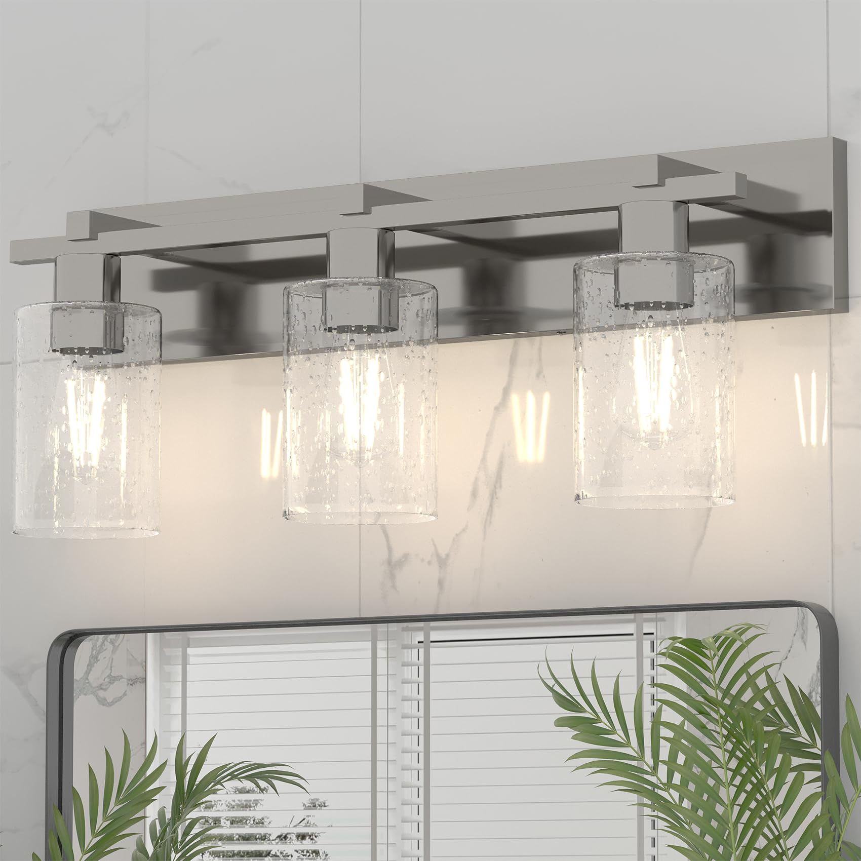 Espird Modern Vanity Lights, 3 Light Brushed Nickel Bathroom Light Fixture With Thickened Seeded Glass Shade, 24 Inch Vanity Lig