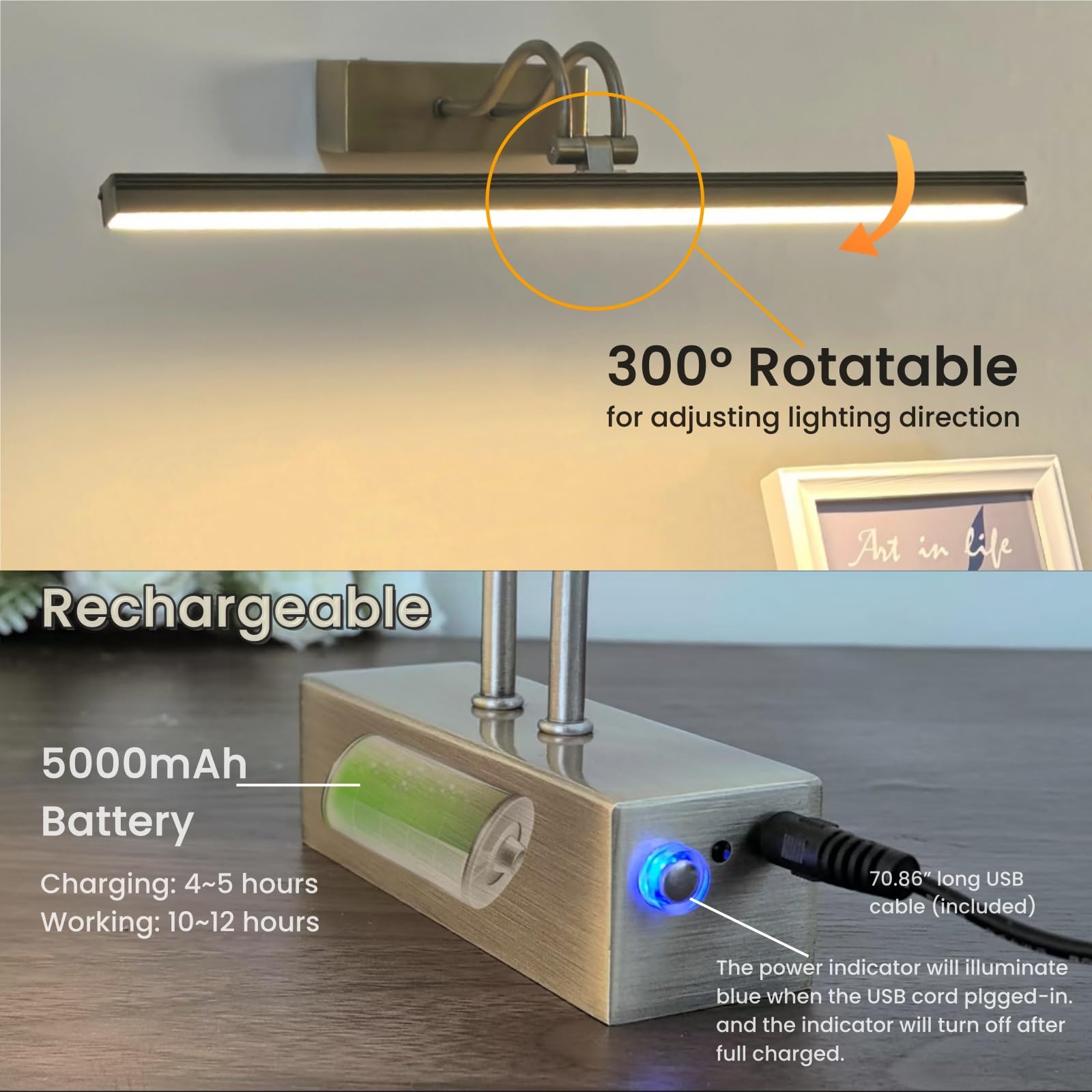 Funchday Wireless Picture Light, 2 Colors Wall Lights For Pictures Frame, 5000Mah Rechargeable Battery Art Lighting For Painting