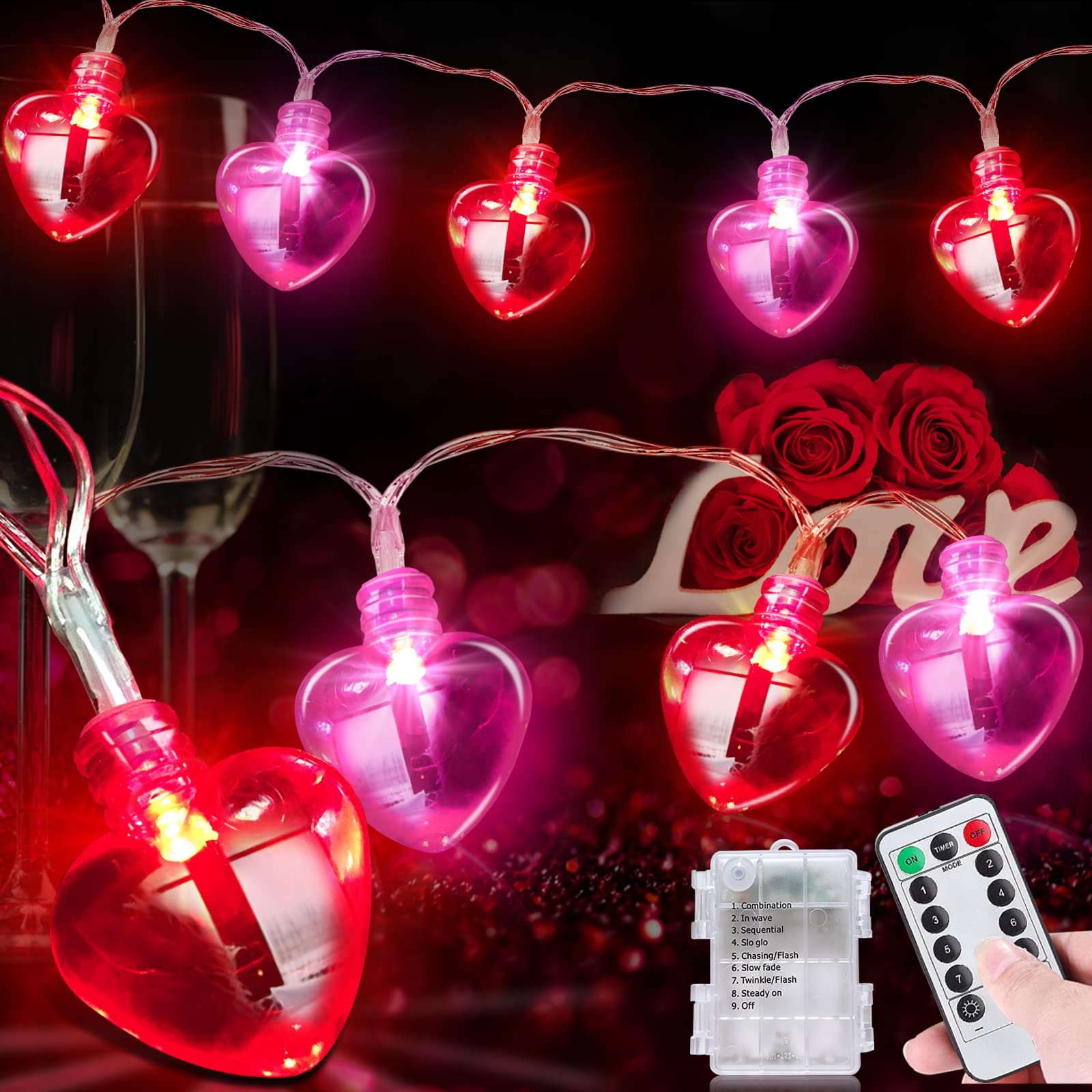 Remote Control & 8 Modes - Valentines Day Decorations Heart Garland Lights with Timer 8.2 Ft 20 LED Red Pink Heart String Lights