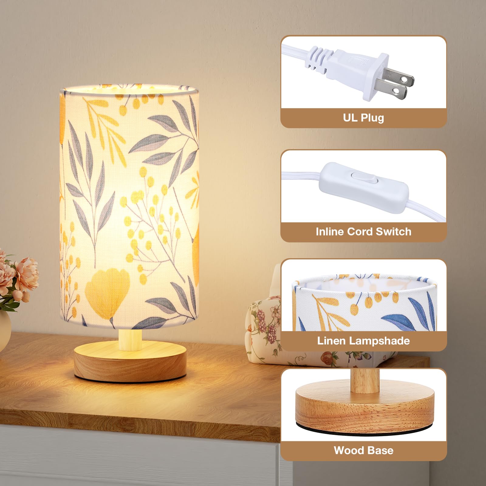 Fenmzee Ginkgo Table Lamp For Bedroom - Inline Control, Small Bedside Lamp With 3000K A15 Led Blub, Easy Assembly (Ginkgo White