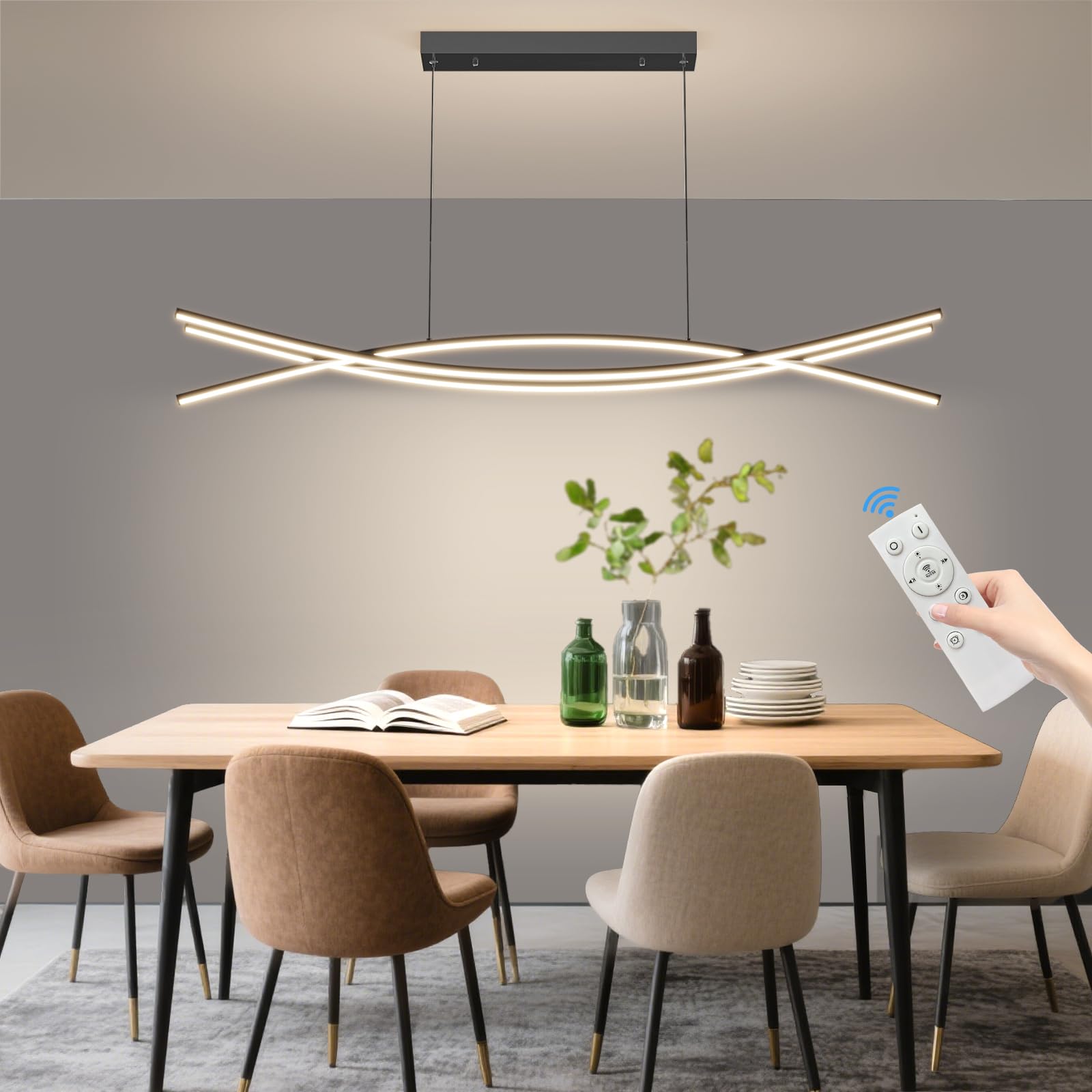 Mikeru Modern Ceiling Chandelier Light 47in Aluminum Pendant with Remote Control, Adjustable Color Temperature, Black
