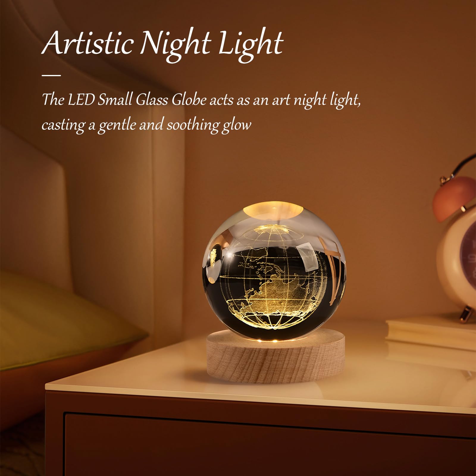 Dniebw 3D Earth Crystal Ball Night Light Glass Ball Night Lamp With Wooden Base Fantasy Decoration Crsytal Ball Led Galaxy Planet Nightlight Bedroom Decor For Women 2.4 Inch(60Mm)