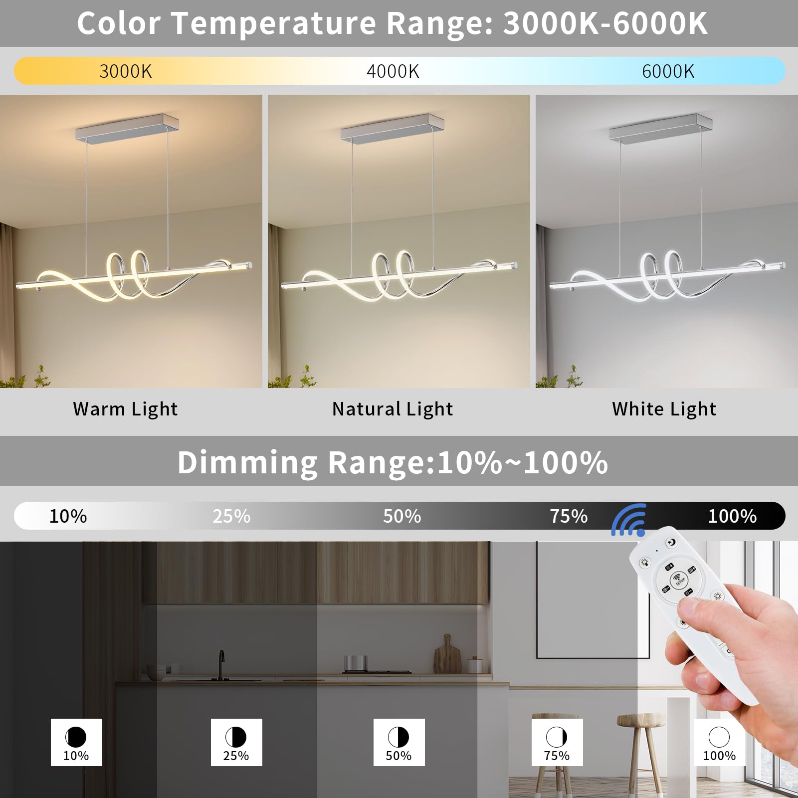 Zihoi Modern LED Pendant Light Fixture, Dimmable 3000K-6000K, 47in Aluminum, Chrome Silver, Model LX