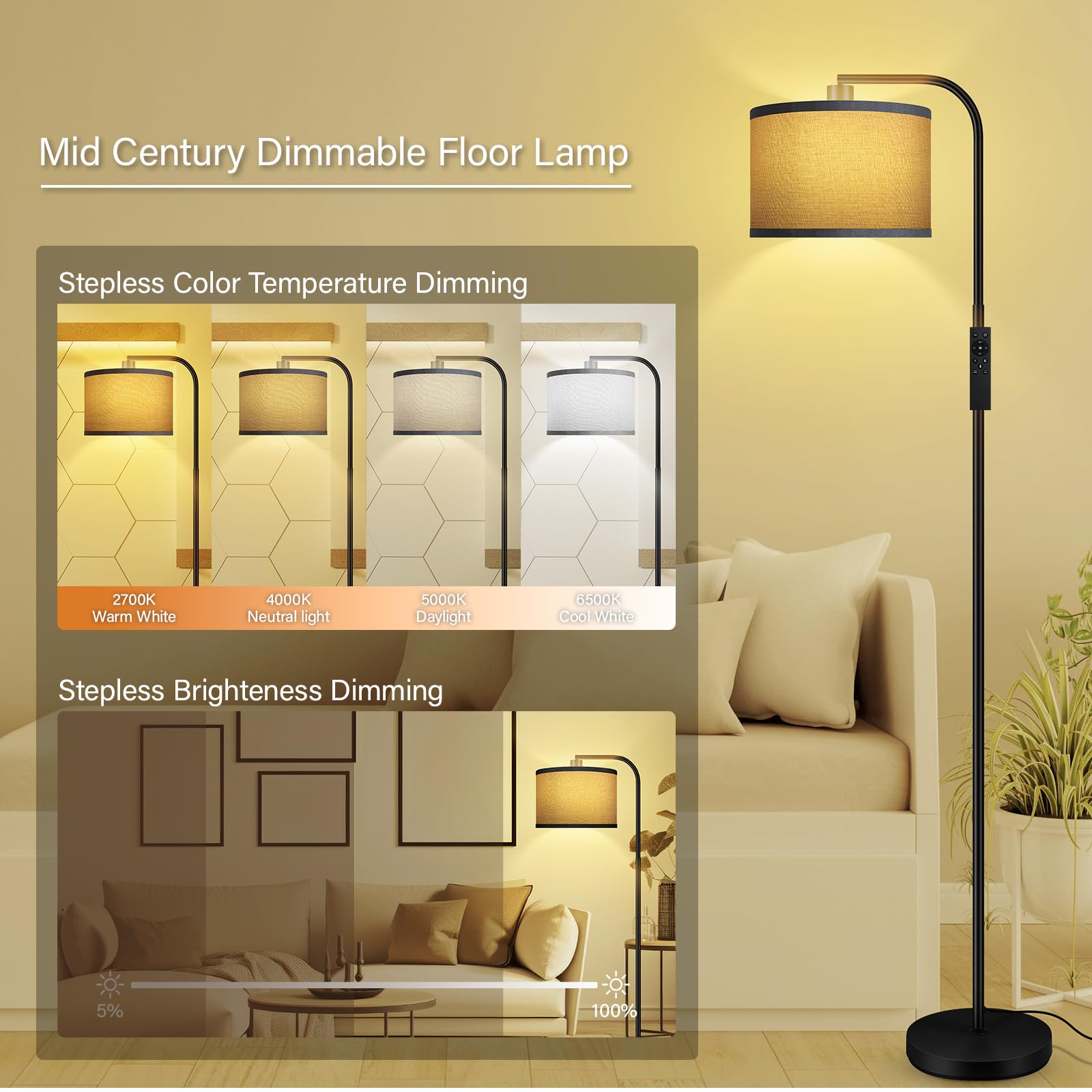 BoostArea Dimmable Floor Lamp, 67 in, Gray, Remote Control, Stepless Dimming, 2700K-6500K, Modern Design for Living Room, Model B1383