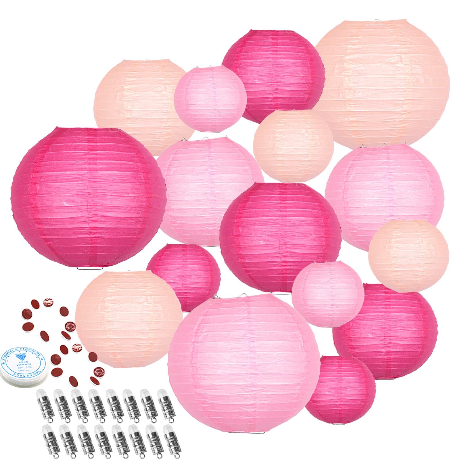 Hanging Paper Lanterns Decorative  Pink Chinese Paper Lanterns Ceiling Party Decorations with 16 LED Lights for Weddings Anniversaries Valentines Day Bridal Shower Decorations  Pack of 16