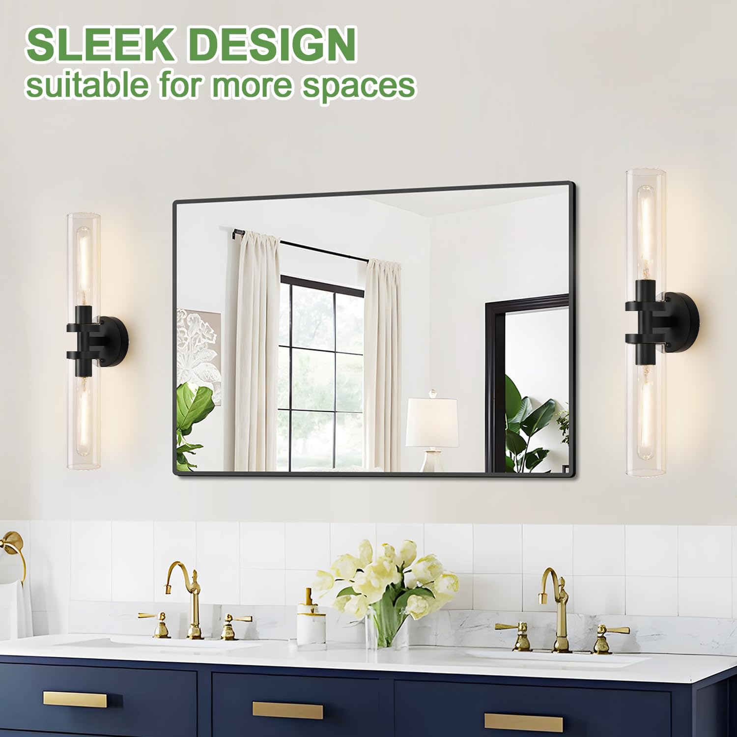 Wall Sconces Set Of Two, Hardwired Matte Black Bathroom Sconces Wall Lighting With Clear Glass, Modern Sconces Wall Decor Set Of