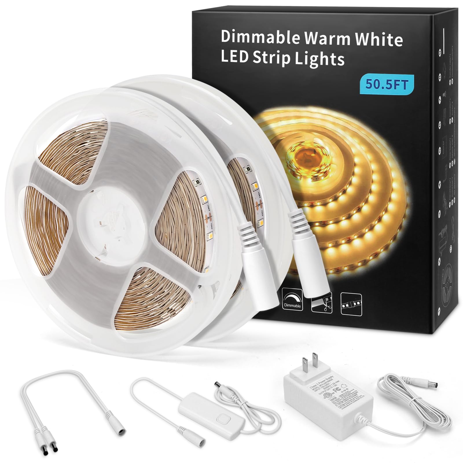 MYPLUS Under Cabinet Lighting Kit, 50Ft Dimmable LED Strip, 900 LEDs, 24V, Warm White 3000K, Model MUSZH1183K, Flexible Tape Light