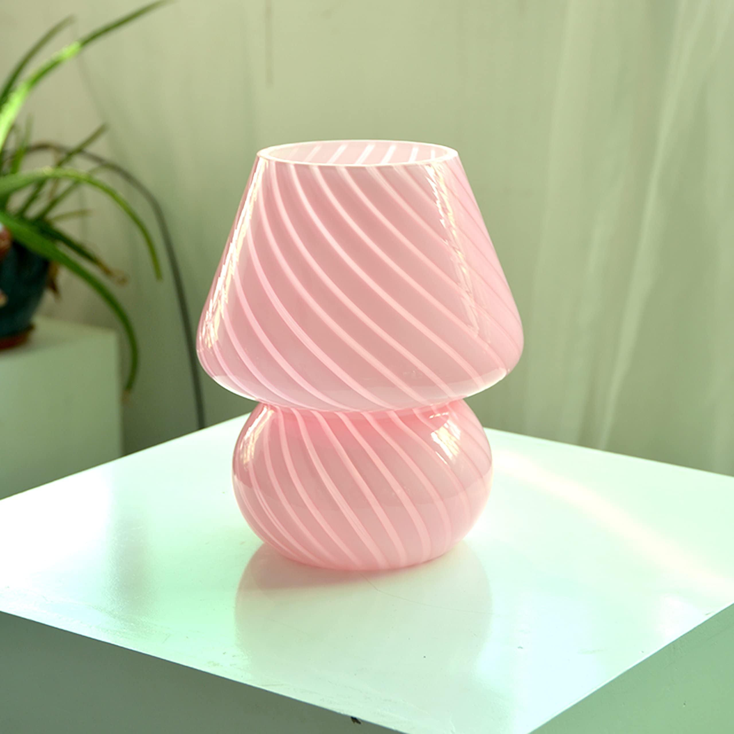 jonong Glass Striped Mushroom Bedside Lamp, 110V Pink Night Light, Model JN-2025