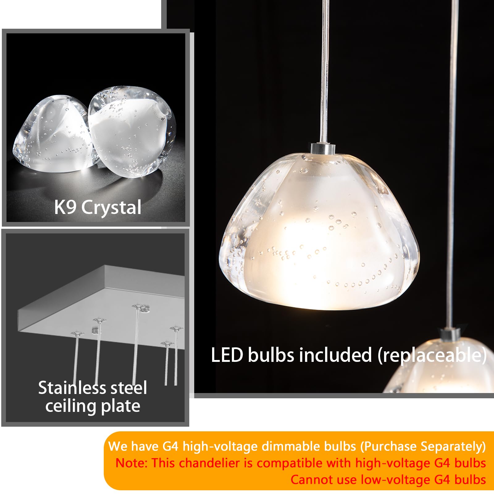 dolria 24-Lights Rectangular Crystal Chandelier, LED Pendant Light, Silver, Model PC0010-24Y, Ideal for Living Room, Hallway, Bedroom