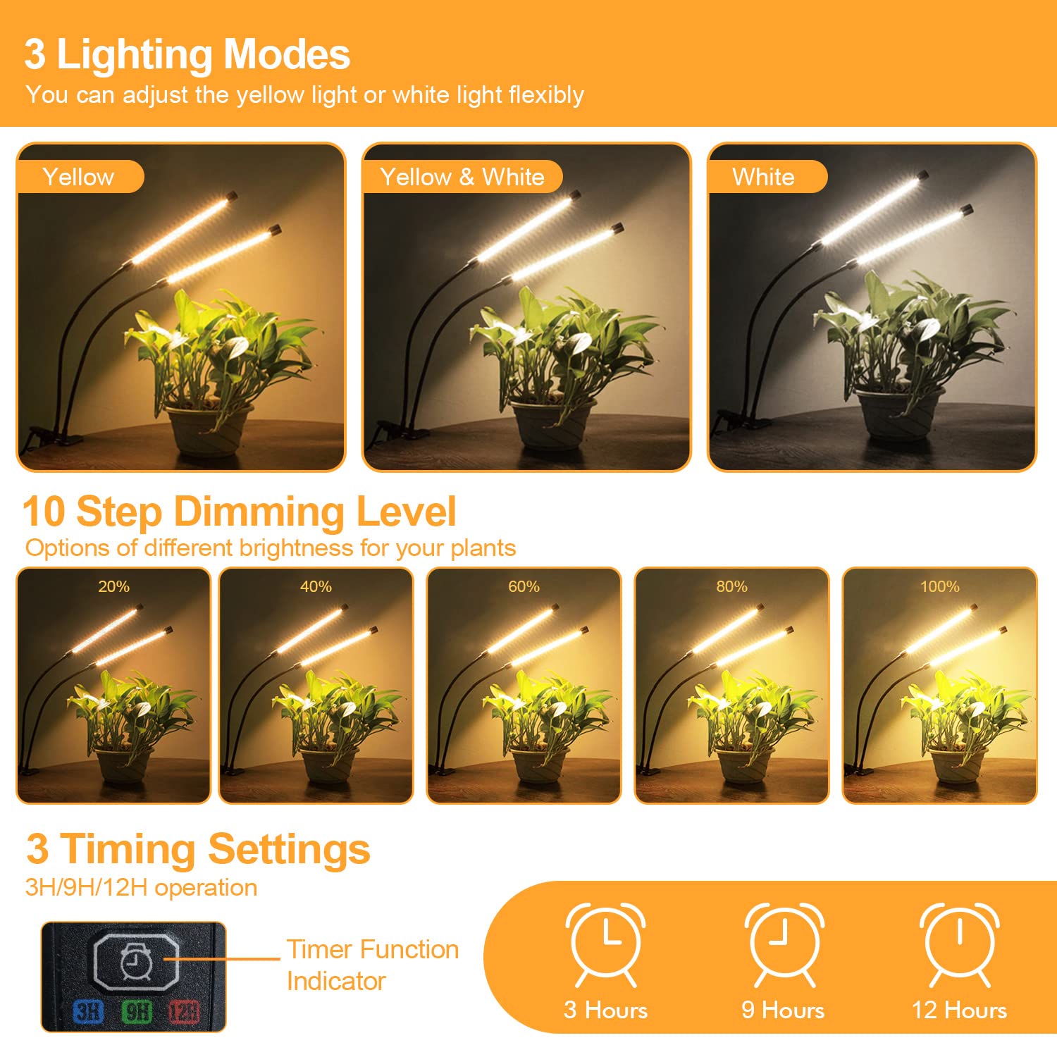 bseah Grow Light for Indoor Plants, Full Spectrum, 2 Goosenecks, Yellow, 9 Dimmable Levels, Auto ON/OFF with Timer